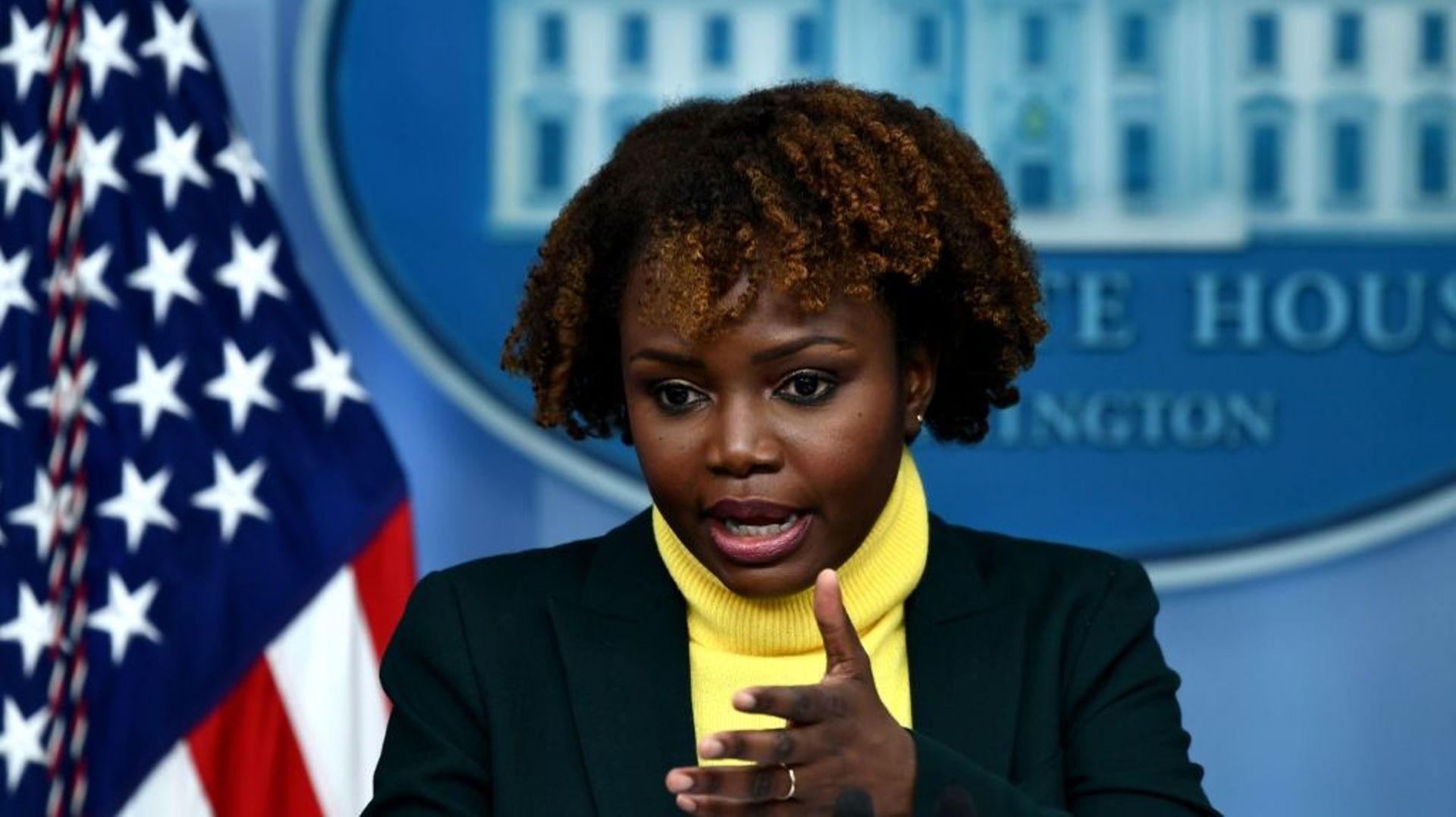 La porte-parole de la Maison blanche Karine Jean-Pierre lors d'un point presse à Washington, le 14 février 2022