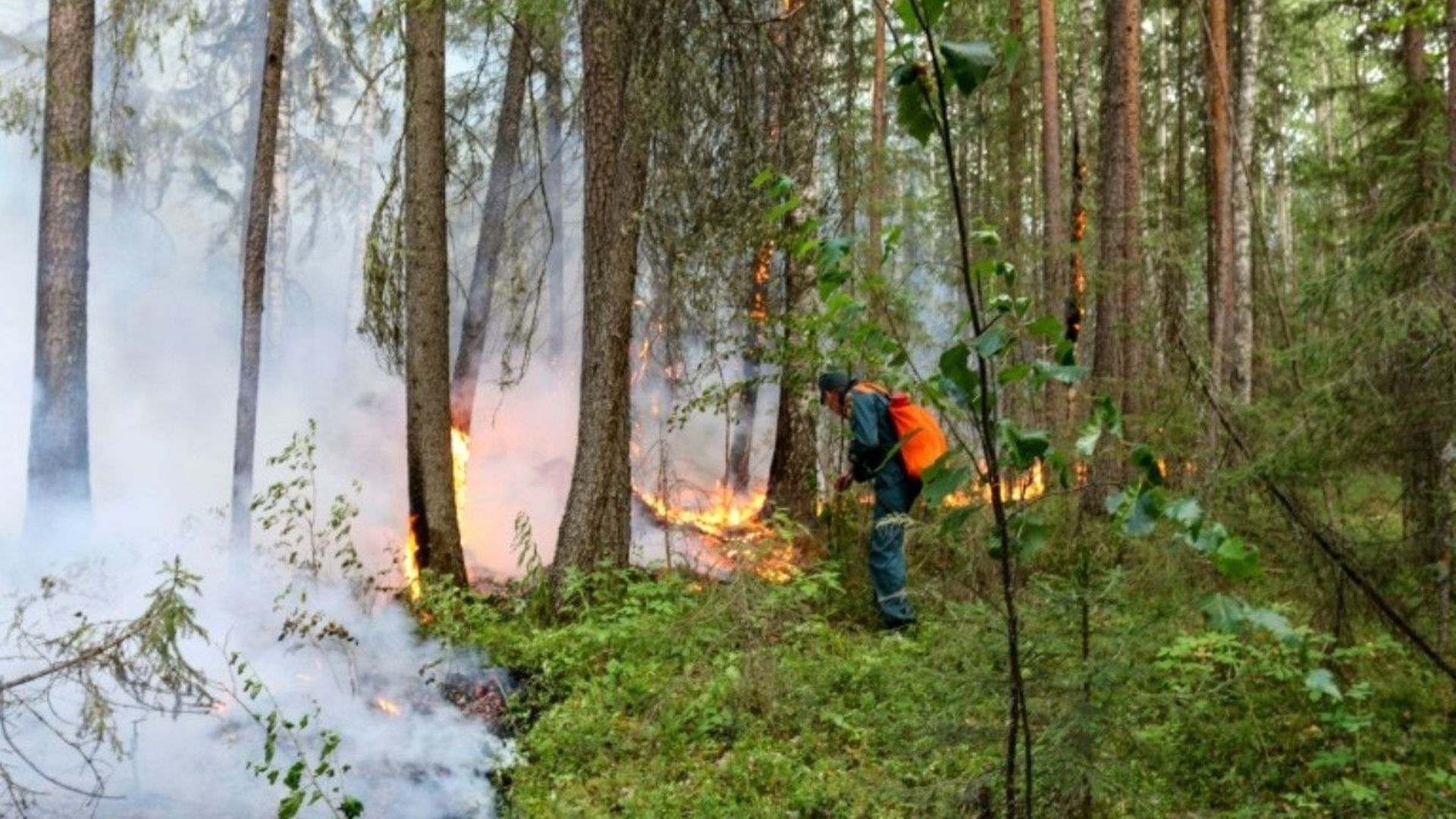 Un pompier russe face à un des nombreux feux de forêts que connaît la Sibérie, ici près de la ville de Iougorsk, le 15 juillet 2020.