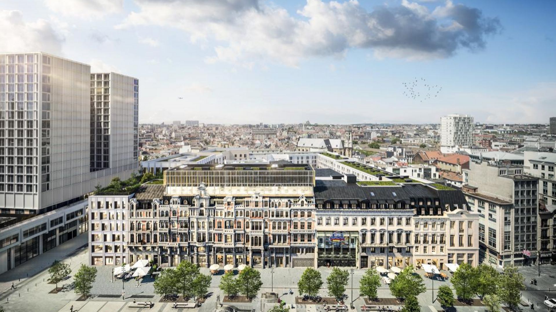 Le projet prévoit une démolition et reconstruction d’un hôtel, de logements, de bureaux et de commerces, place De Brouckère.