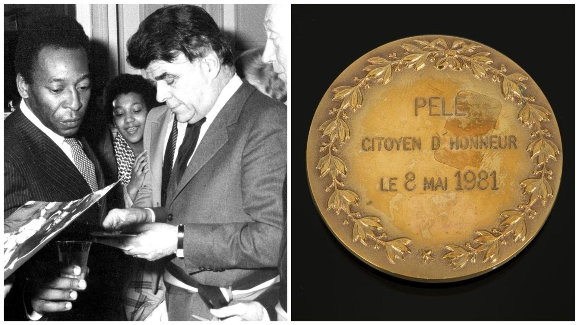 Pelé avec le bourgmestre de Saint-Josse Guy Cudell. A droite, sa médaille de citoyen d’honneur de la commune.