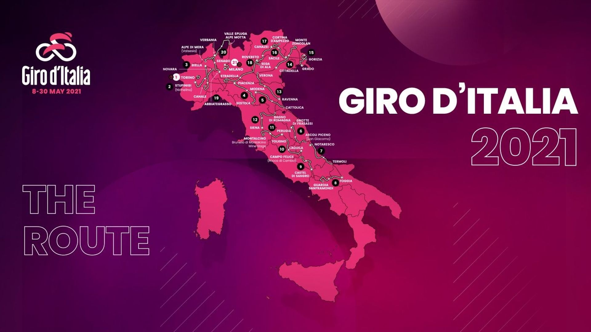 La carte du parcours du Giro 2021, premier grand tour de Remco Evenepoel.