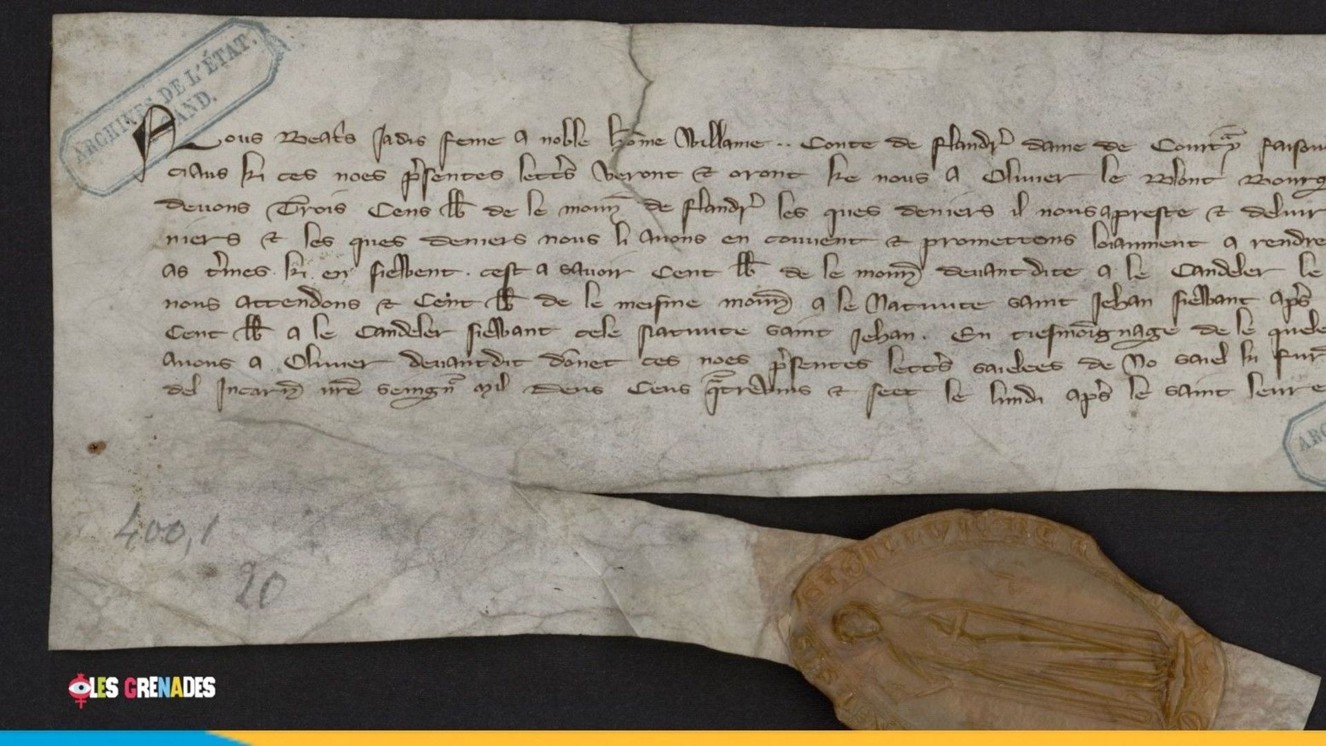 La charte de 1287 dans laquelle Béatrice de Brabant, veuve de Guillaume III de Dampierre, comte de Flandre, reconnaît une dette (Archives de l’État à Gand, Fonds Saint-Genois, n°447).