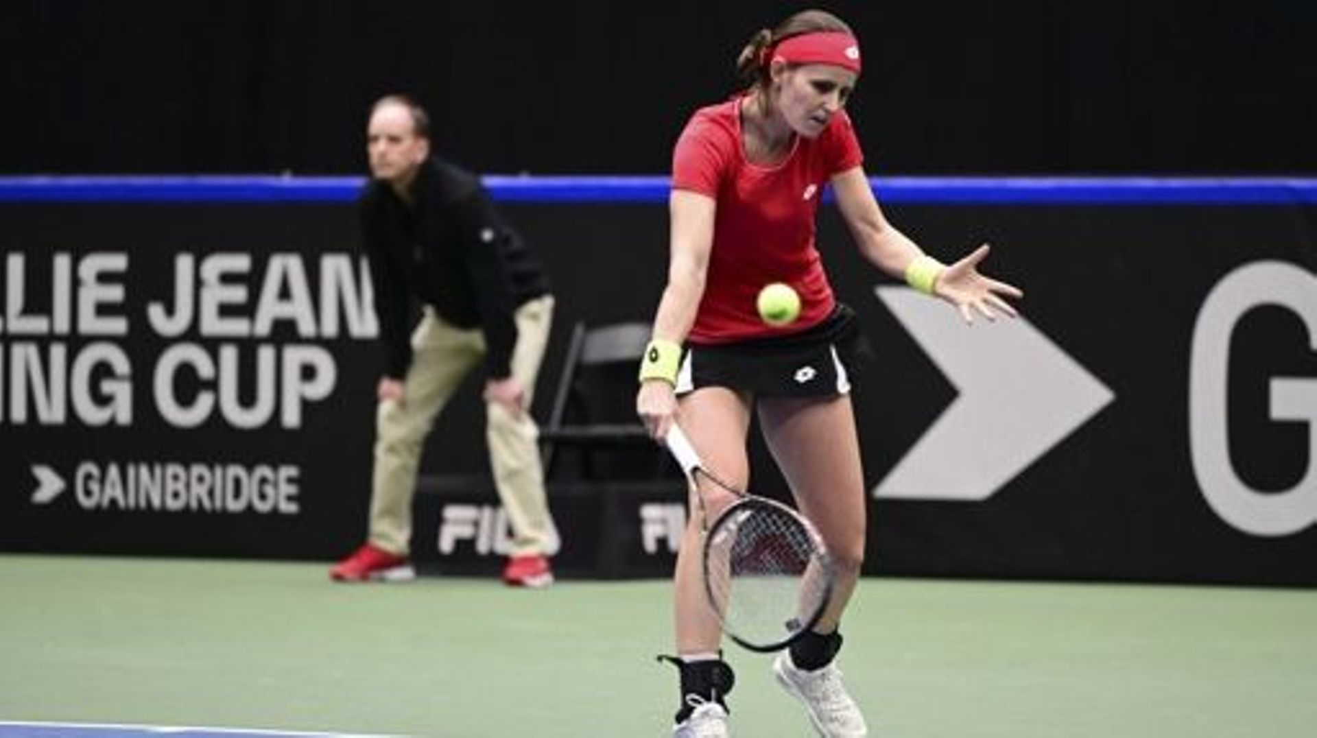 Belgian Greet Minnen pictured in action during a tennis match against Canadian Sebov, the fourth rubber in the meeting between Canada and Belgium, in the qualifiers for the Billie Jean King Cup tennis in Vancouver, Canada, on Saturday 15 April 2023. BELGA