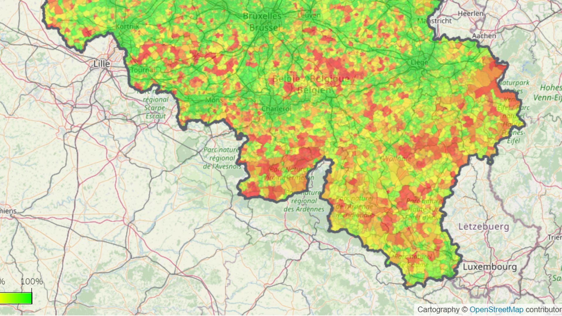 Cartographie du taux (%) de couverture réseau mobile Proximus 4G sur territoire – Qualité très bonne en 2019.