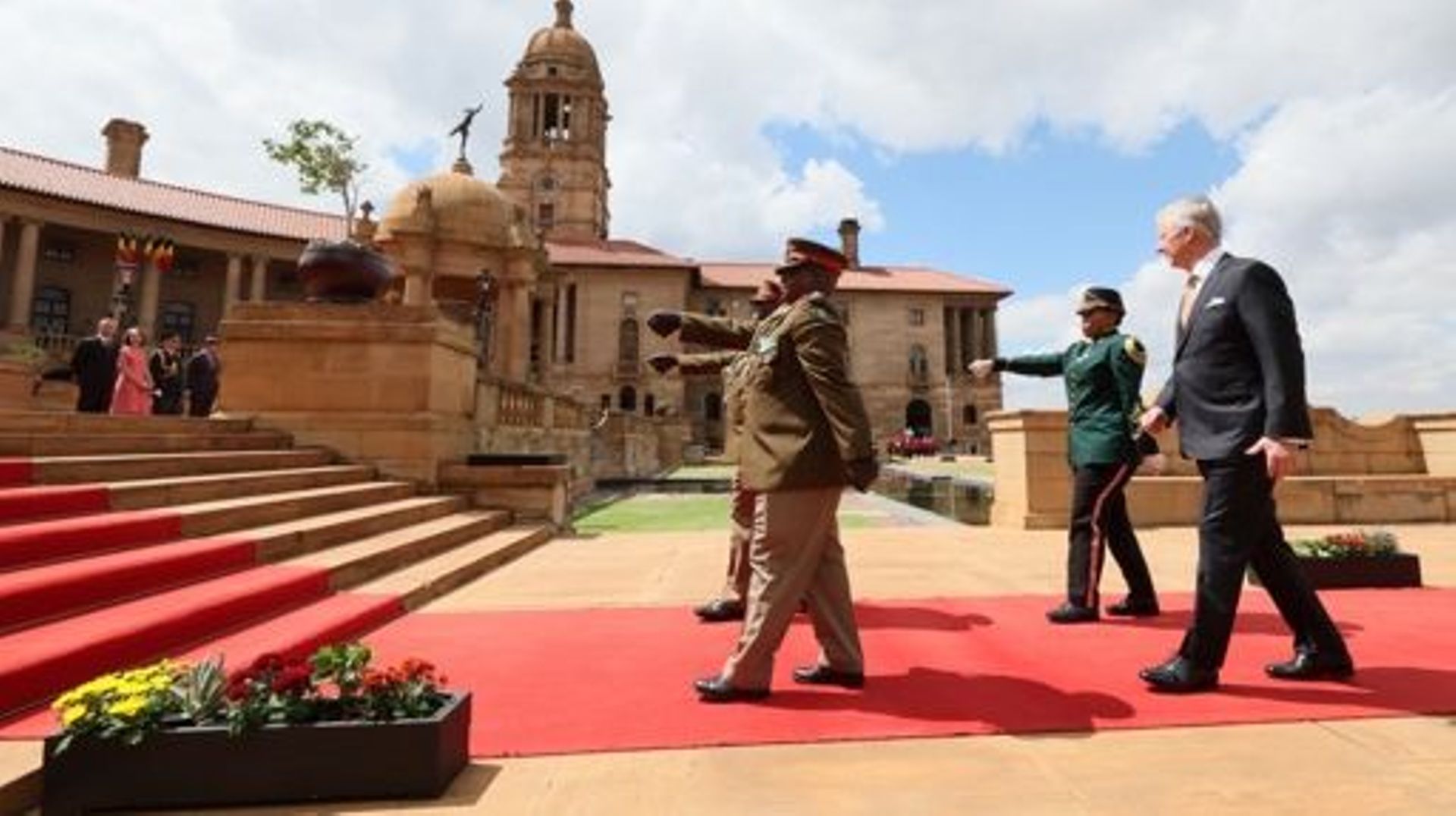 King Philippe - Filip of Belgium (R) pictured at the official welcome ceremony at the Union Buildings, the official seat of the South-African government, in Pretoria, during a state visit of the Belgian Royal Couple to the Republic of South Africa, Thursd
