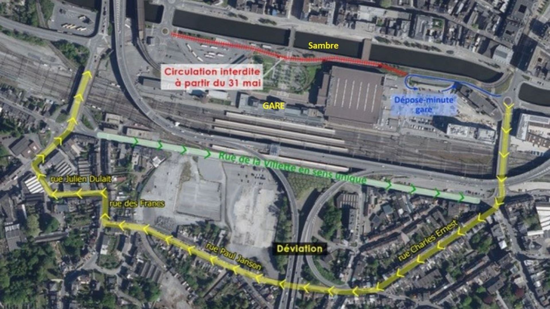 Interdiction de rouler dans la trémie et devant la gare de Charleroi-Sud à partir du lundi 31 mai