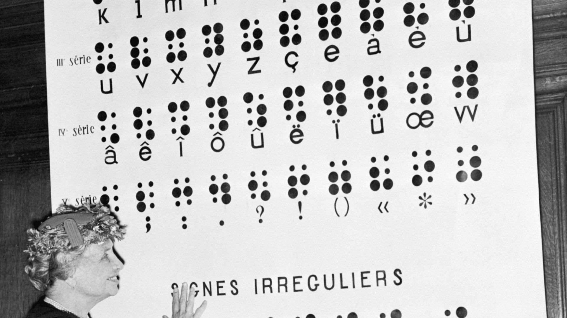Hellen Keller Pointing to Braille Alphabet Chart