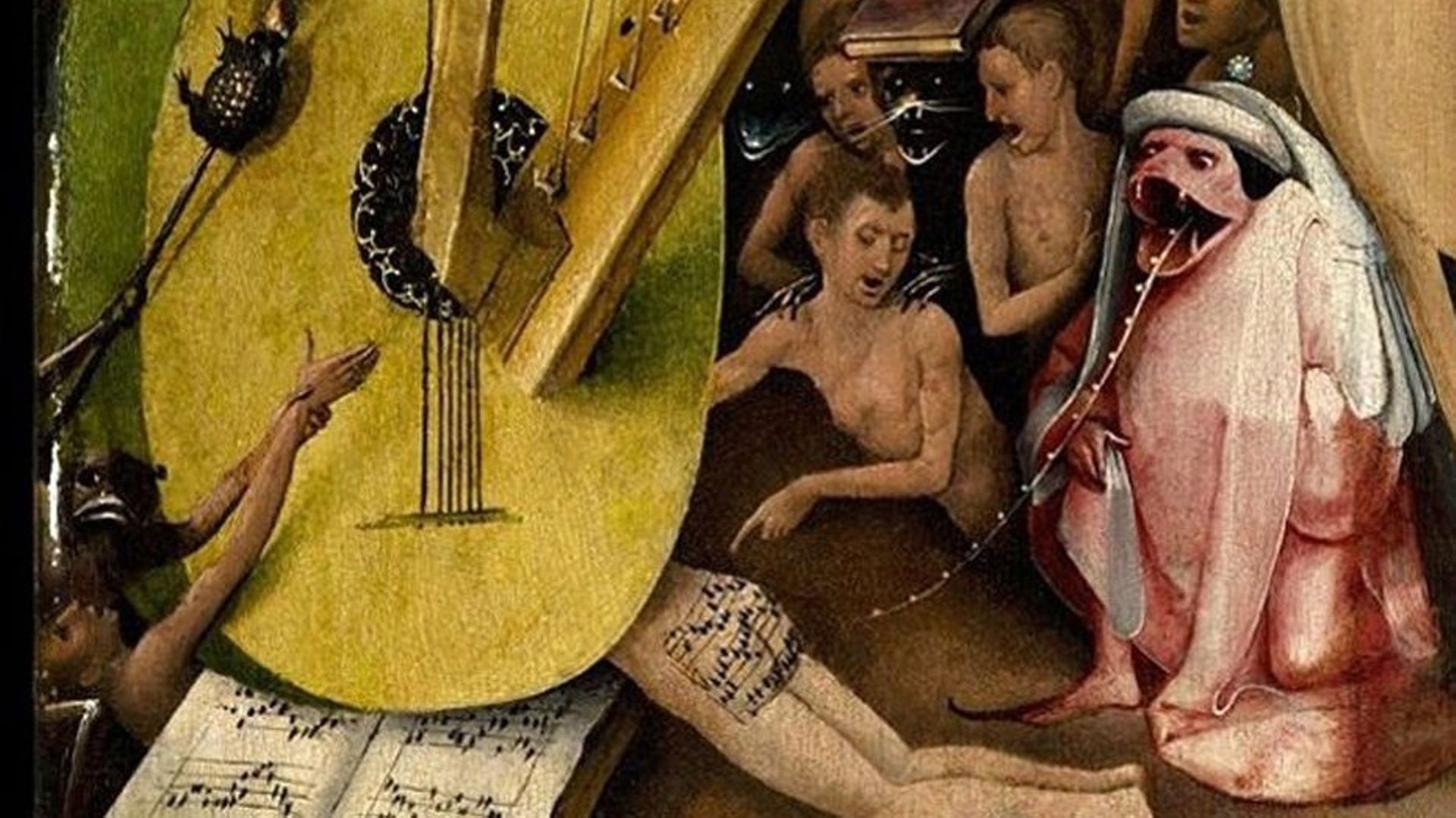Partie du panneau de l’Enfer, où l’on voit les fesses d’un pécheur sur lesquelles est tatouée une partition de musique