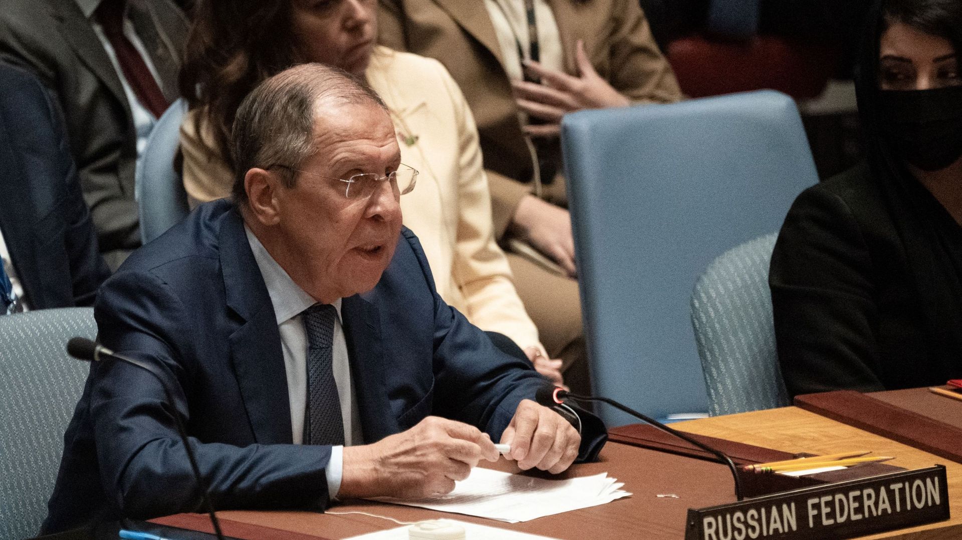 Le ministre russe des Affaires étrangères Sergueï Lavrov s’exprime lors de la réunion du Conseil de sécurité sur l’invasion russe de l’Ukraine aux Nations Unies le 22 septembre 2022 à New York.