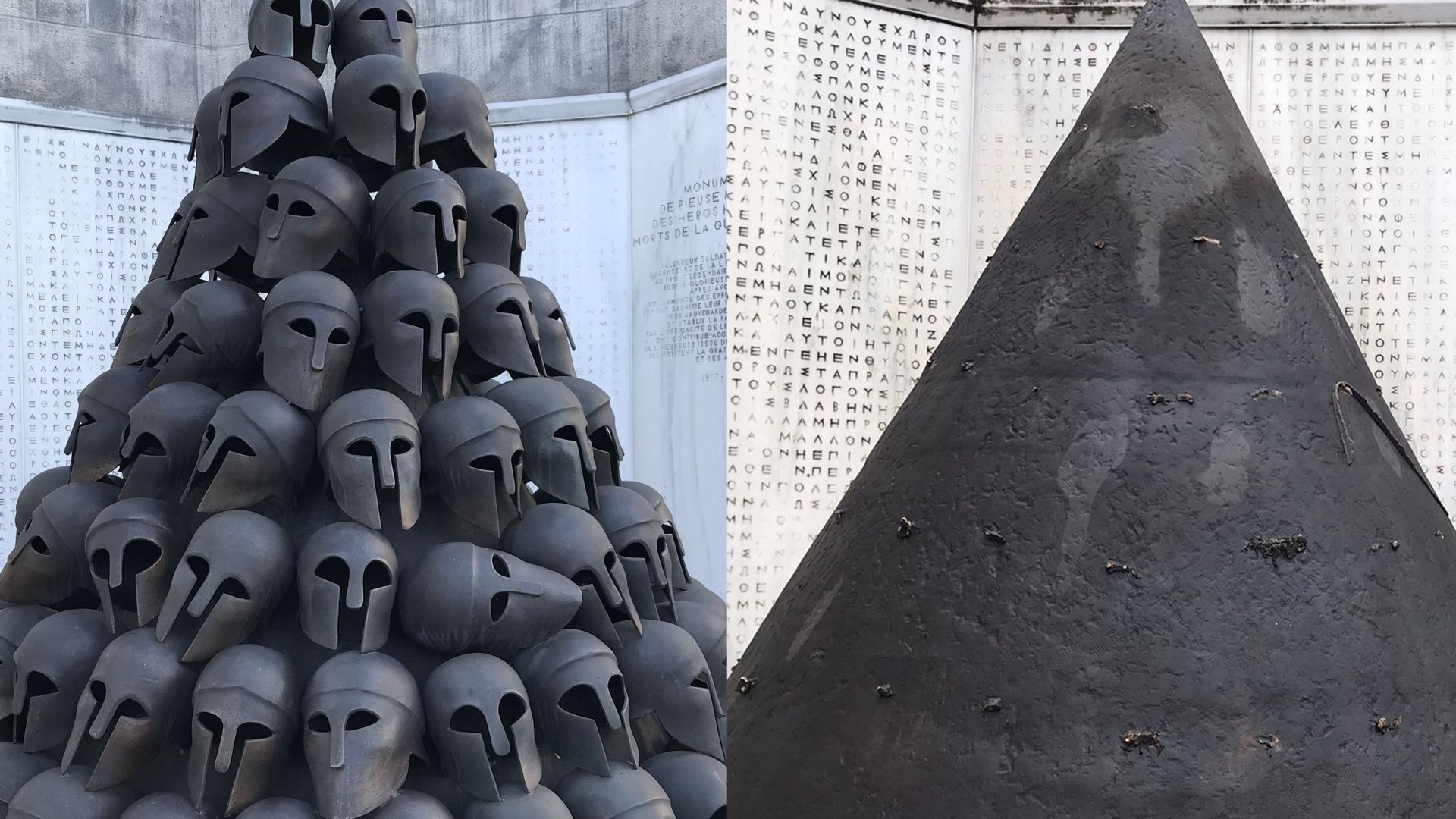Le monument tel qu'il était et tel qu'il apparaît désormais: tous les casques ont été volés
