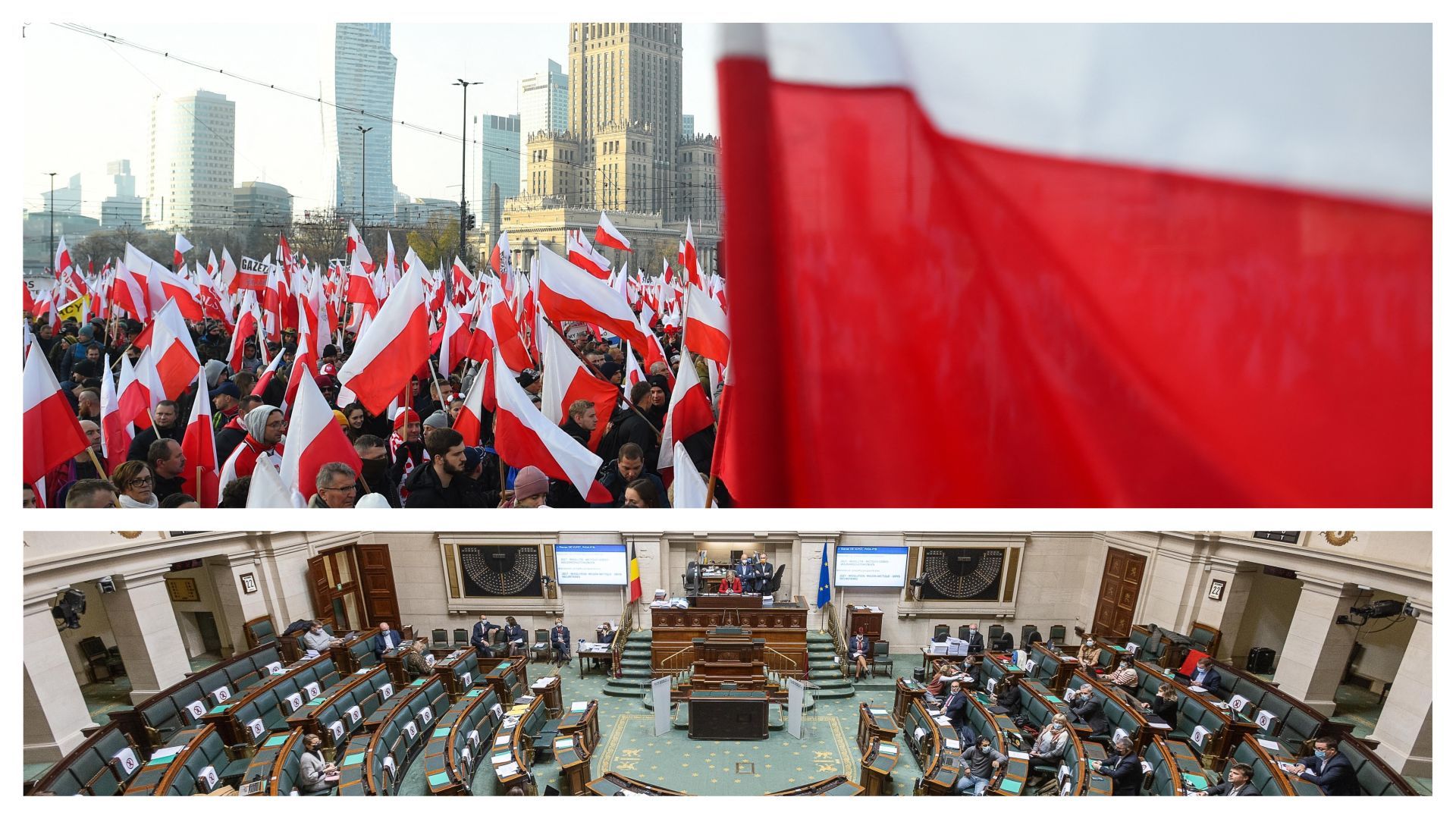Chambre des députés en Belgique et drapeaux polonais à Varsovie (images d’illustration)