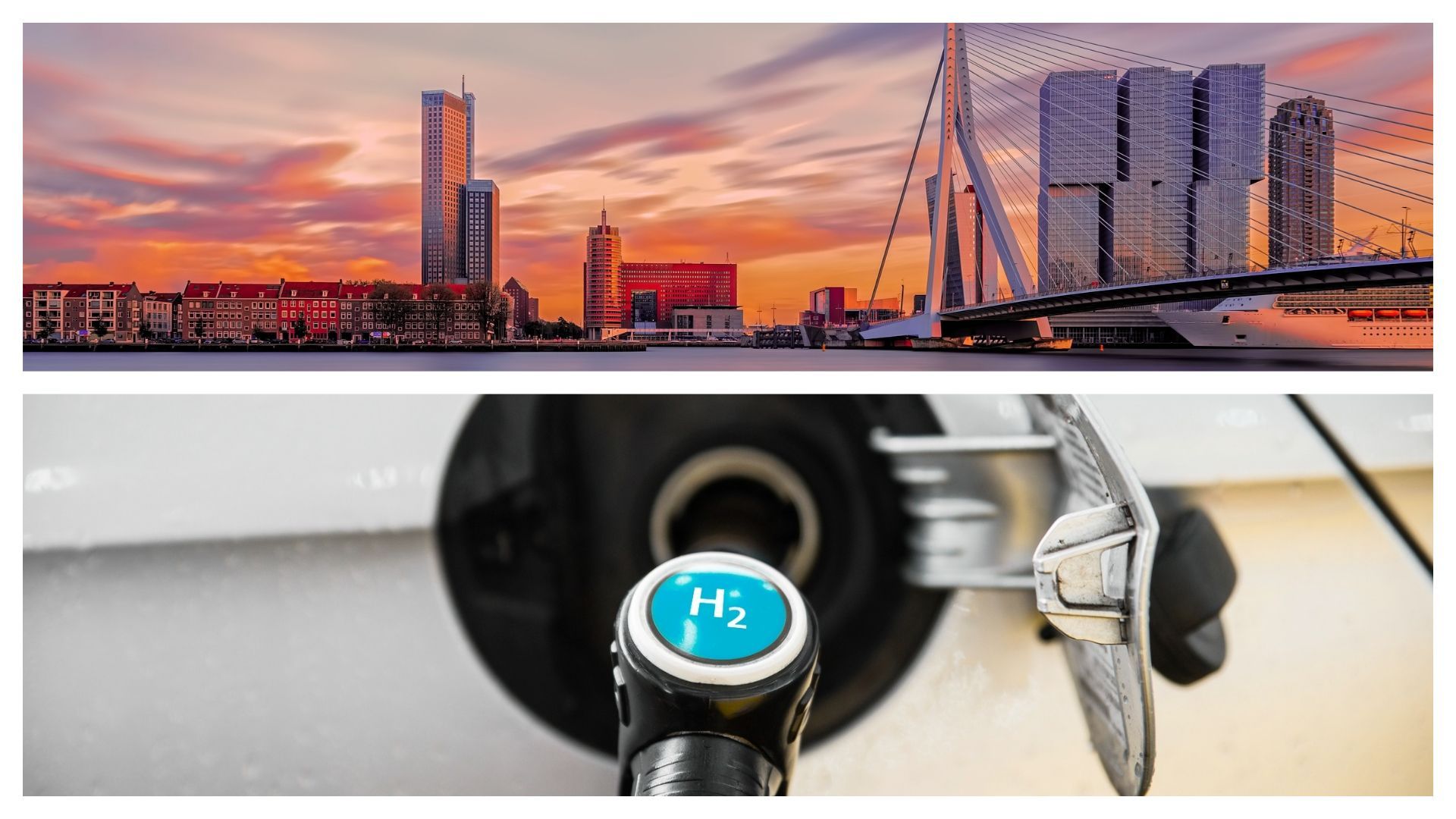Vue sur le centre-ville de Rotterdam et pompe à hydrogène (illustration)
