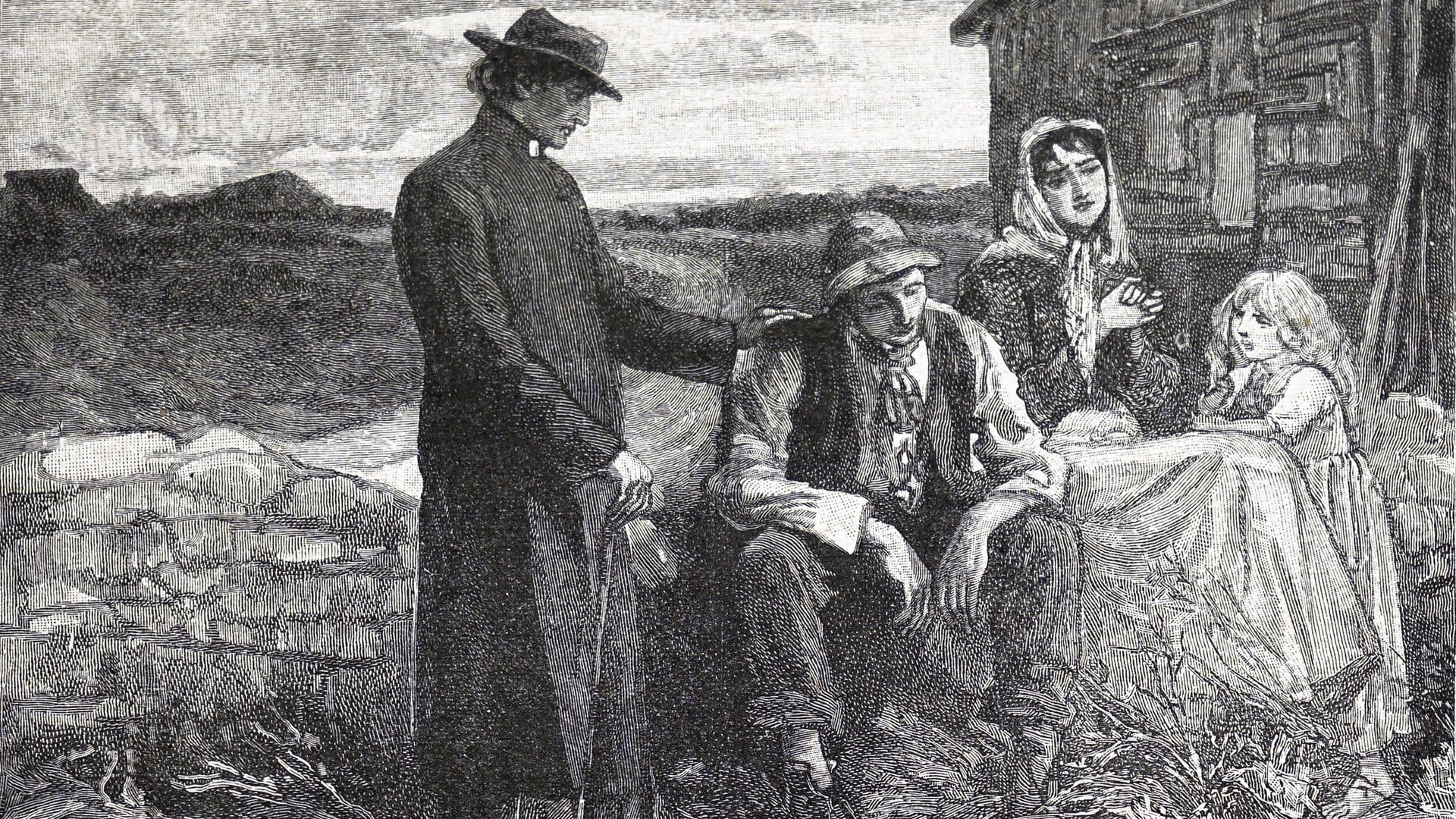 Image d’illustration : le père Théobald Mathew réconforte une famille victime de la famine lors de la crise de la pomme de terre dans les années 1840.