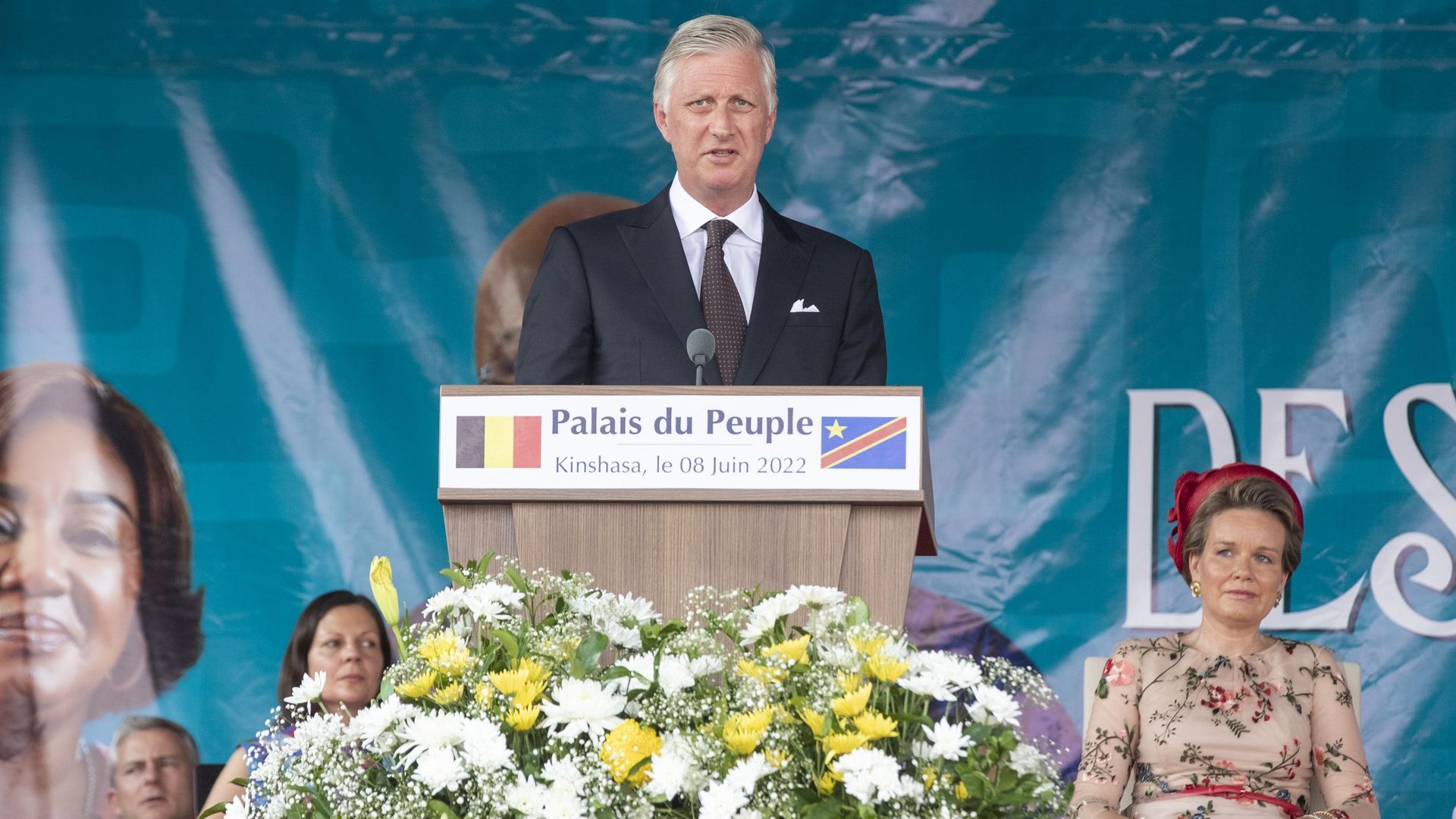 Le roi Philippe et la reine Mathilde au 'Palais du Peuple', à Kinshasa, lors d’une visite officielle du couple royal belge en République démocratique du Congo, mercredi 08 juin 2022. Le roi Philippe prononce son discours.