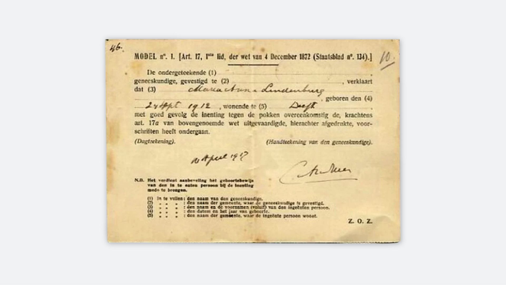 Certificat contre la variole, appelé "pokkenbriefje" de 1912