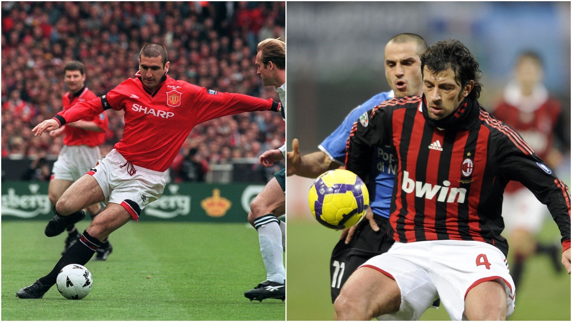 Cantona avec le maillot de Manchester United, Kaladze sous la vareuse de l’AC Milan