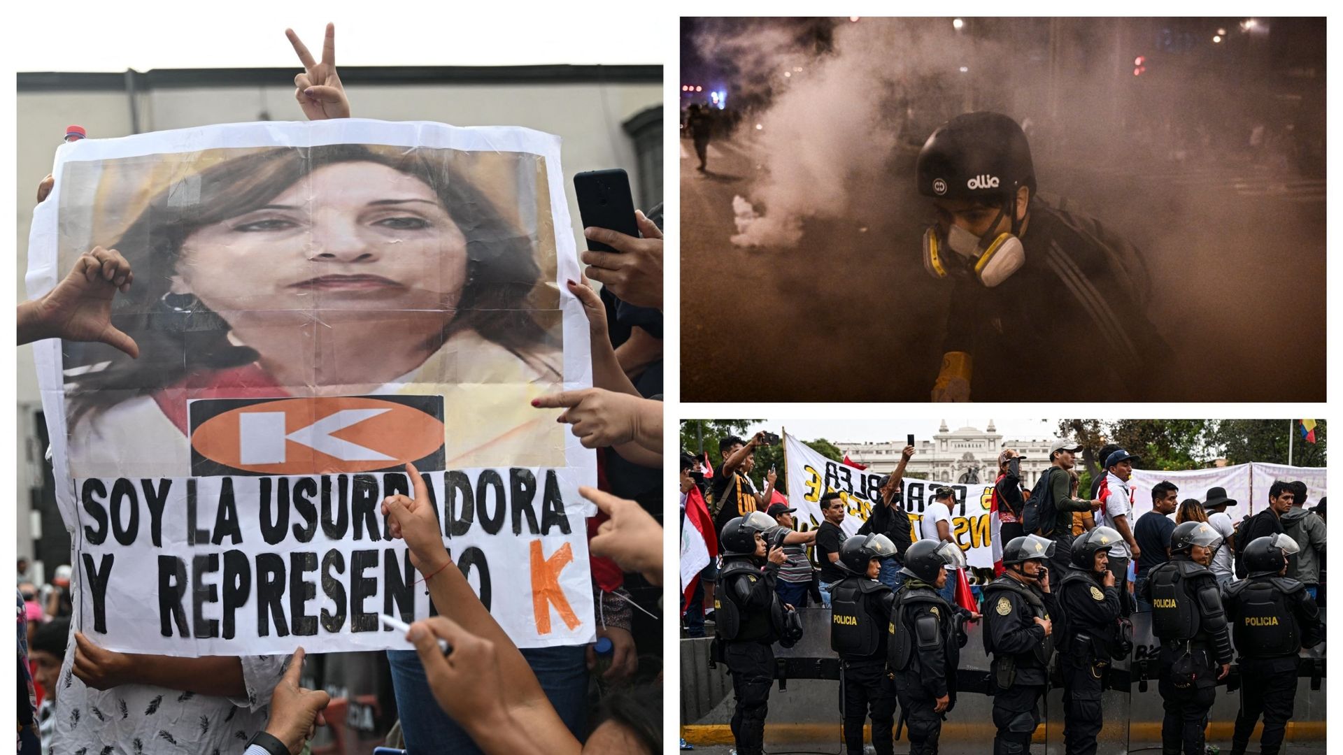 Des partisans de l'ancien président péruvien Pedro Castillo manifestent avec une photo de la nouvelle présidente péruvienne Dina Boluarte lors d'une manifestation à Lima le 9 décembre 2022 (illustration) 