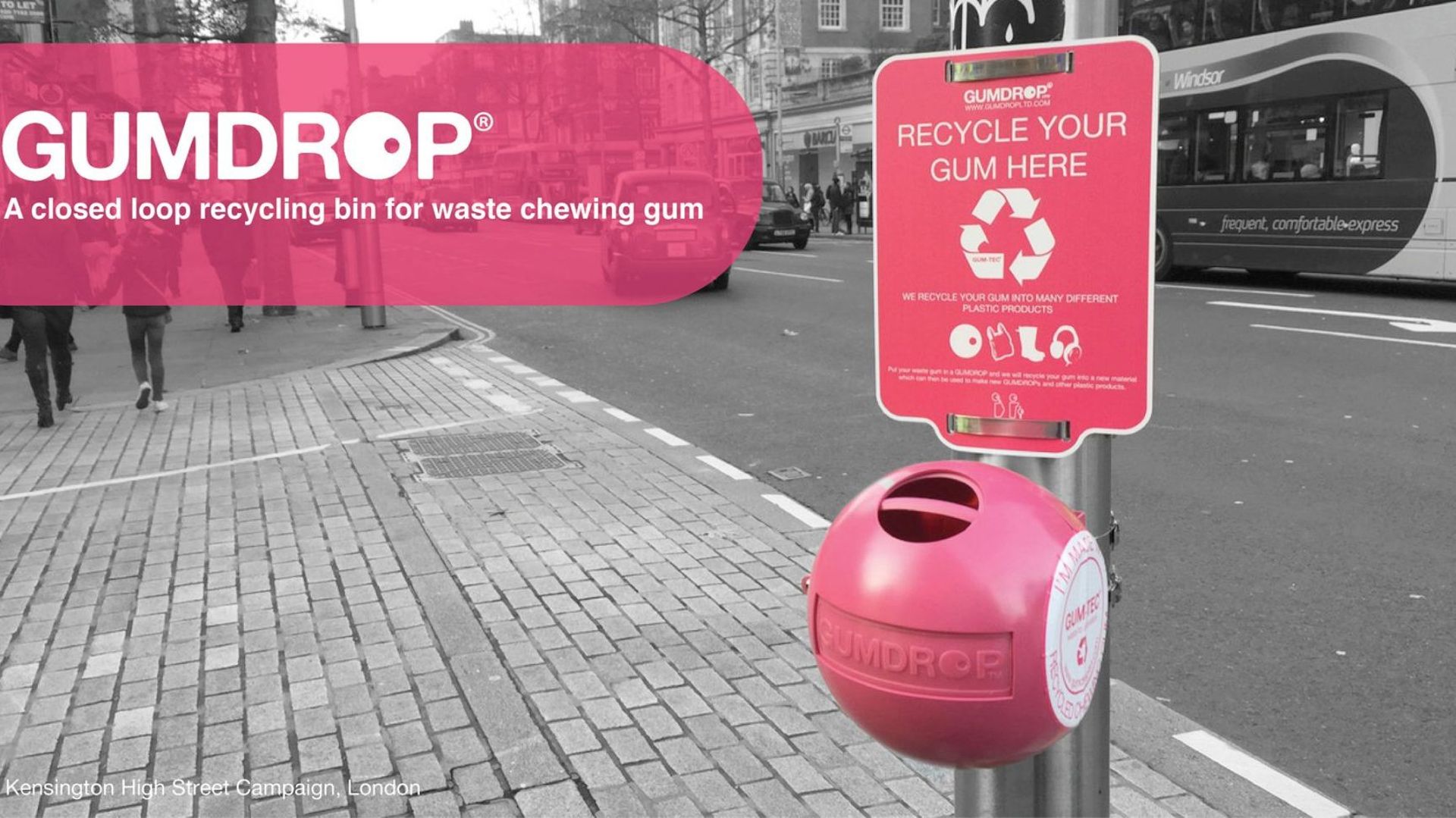 A Londres, l’entreprise Gumdrop a placé des poubelles pour récolter les chewing-gums qui entrent dans la composition d’objets recyclés.
