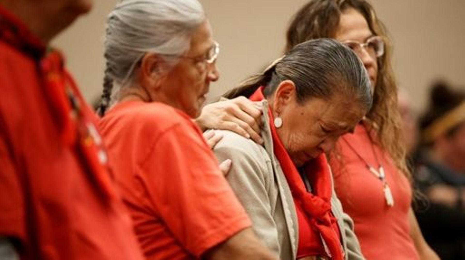 Family and friends of James Smith Cree Nation stabbing victim Bonnie Burns attend a news conference in Saskatoon, Saskatchewan, Canada on September 7, 2022.  One of two brothers who were the target of a massive manhunt in Canada after allegedly carrying o