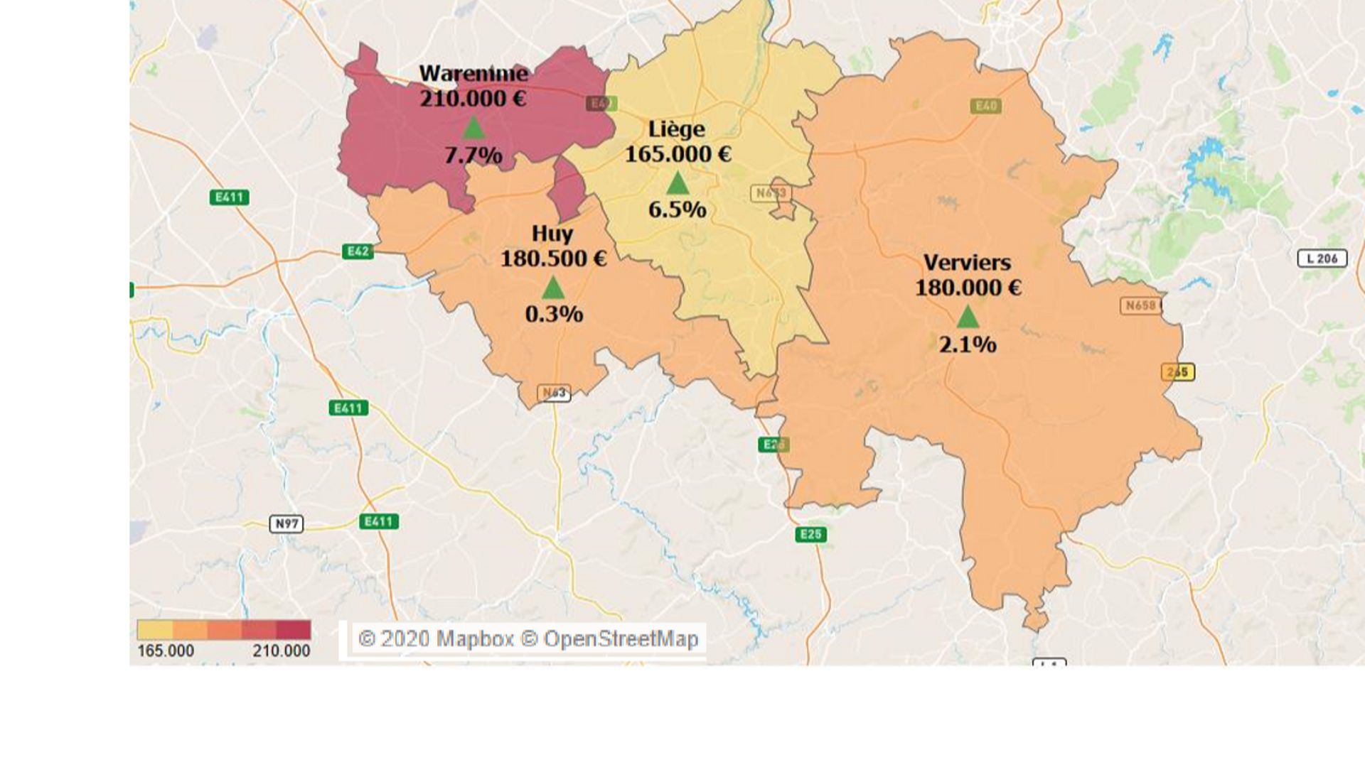 Carte du prix médian des maisons par arrondissements en province de liège