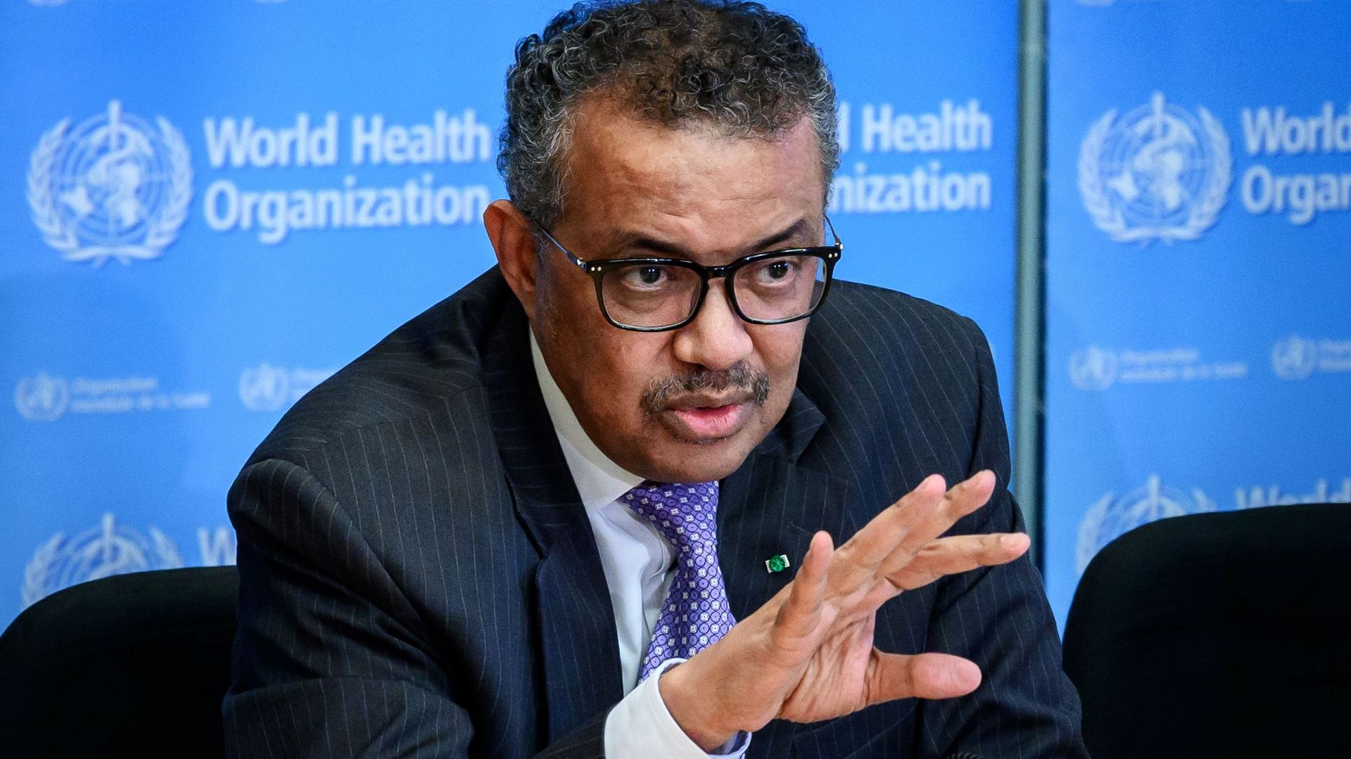 Le directeur général de l'Organisation mondiale de la santé (OMS), Tedros Adhanom Ghebreyesus, lors d'une conférence de presse quotidienne sur le virus COVID-19 au siège de l'OMS.