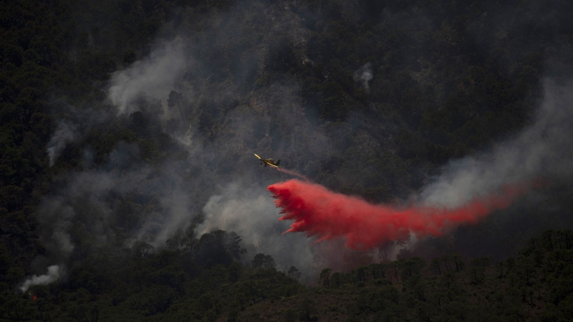 Un avion, photographié depuis Benahavis, déverse du retardateur de feu sur un incendie de forêt dans la chaîne de montagnes de la Sierra Bermeja, dans la province de Malaga, le 10 juin 2022.