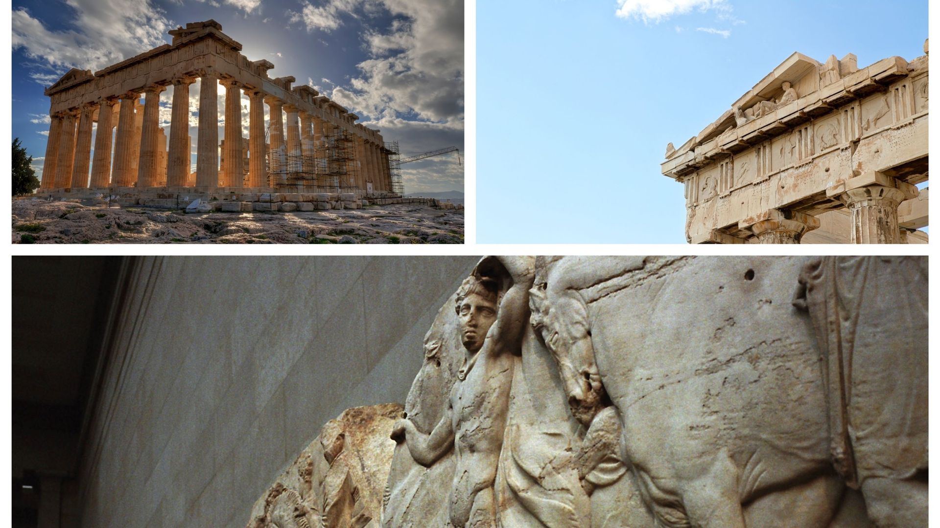 Le Parthénon, sur l’acropole d’Athènes (en haut) et une frise au British Museum (en bas)