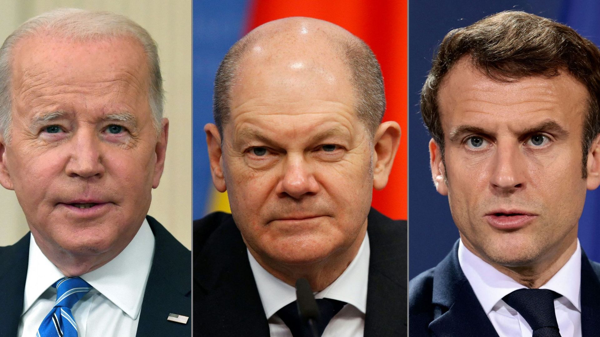 Joe Biden (à gauche), Olaf Scholz (au milieu) et Emmanuel Macron (à droite) 