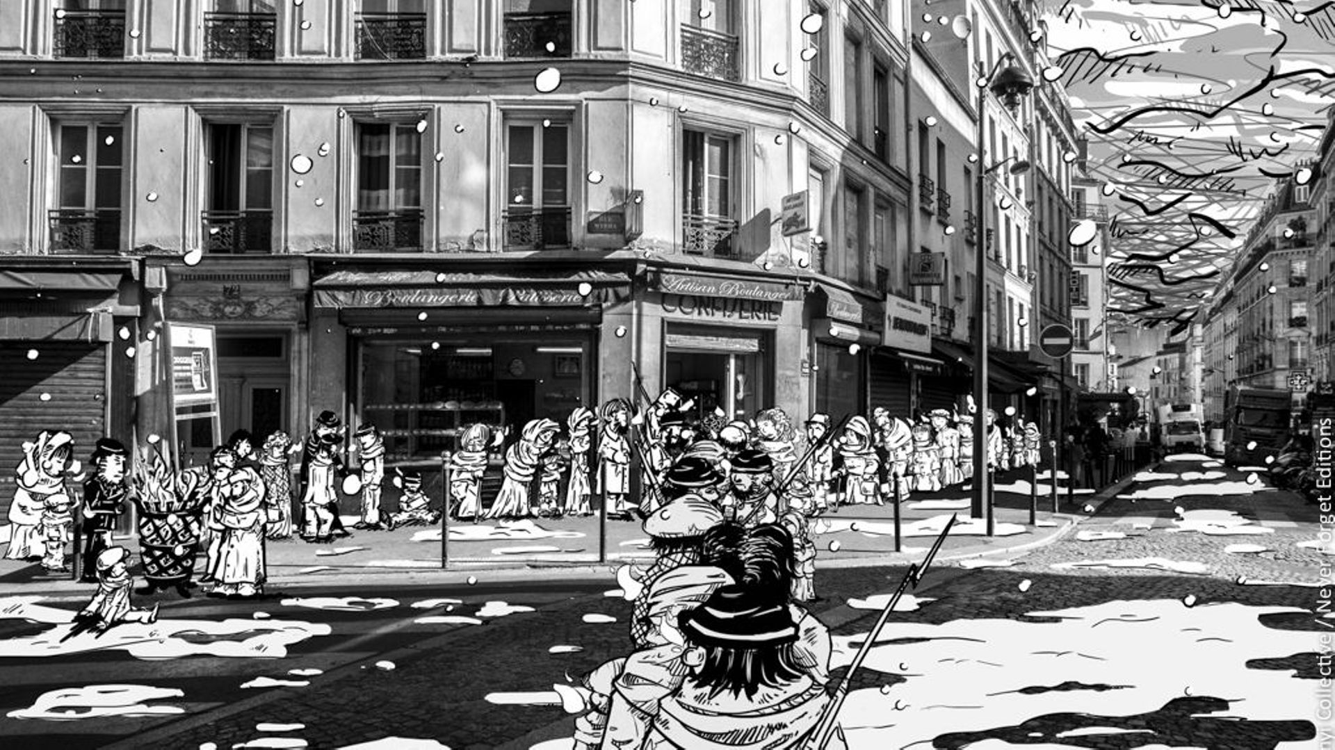 Manu Scordia et Thibaut Dramaix, les dessinateurs de ce projet, habitent et habillent les lieux importants de l’histoire de la Commune de Paris. 