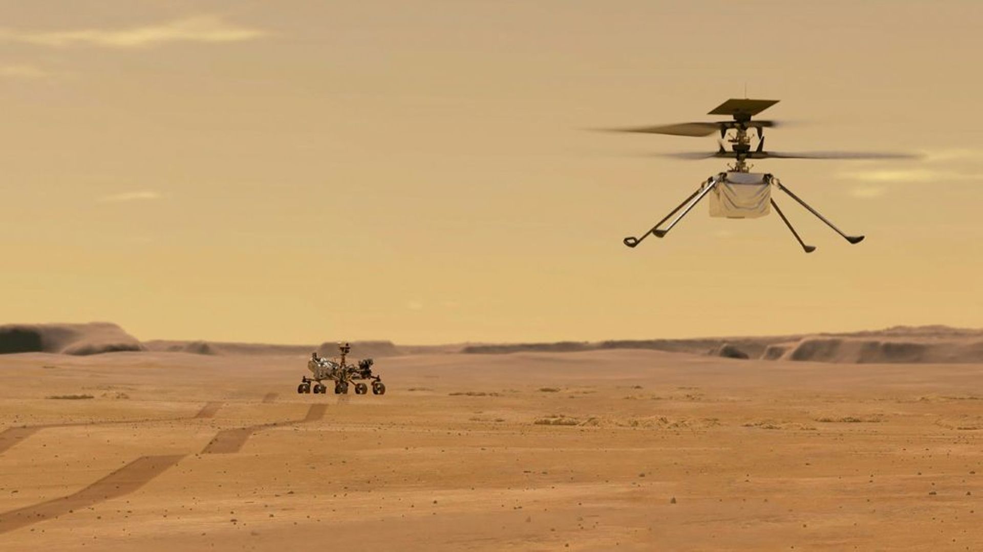 Une illustration, distribuée par la Nasa le 24 mars 2021, montrant le vol prévu de l'hélicoptère Ingenuity au-dessus de la planète Mars
