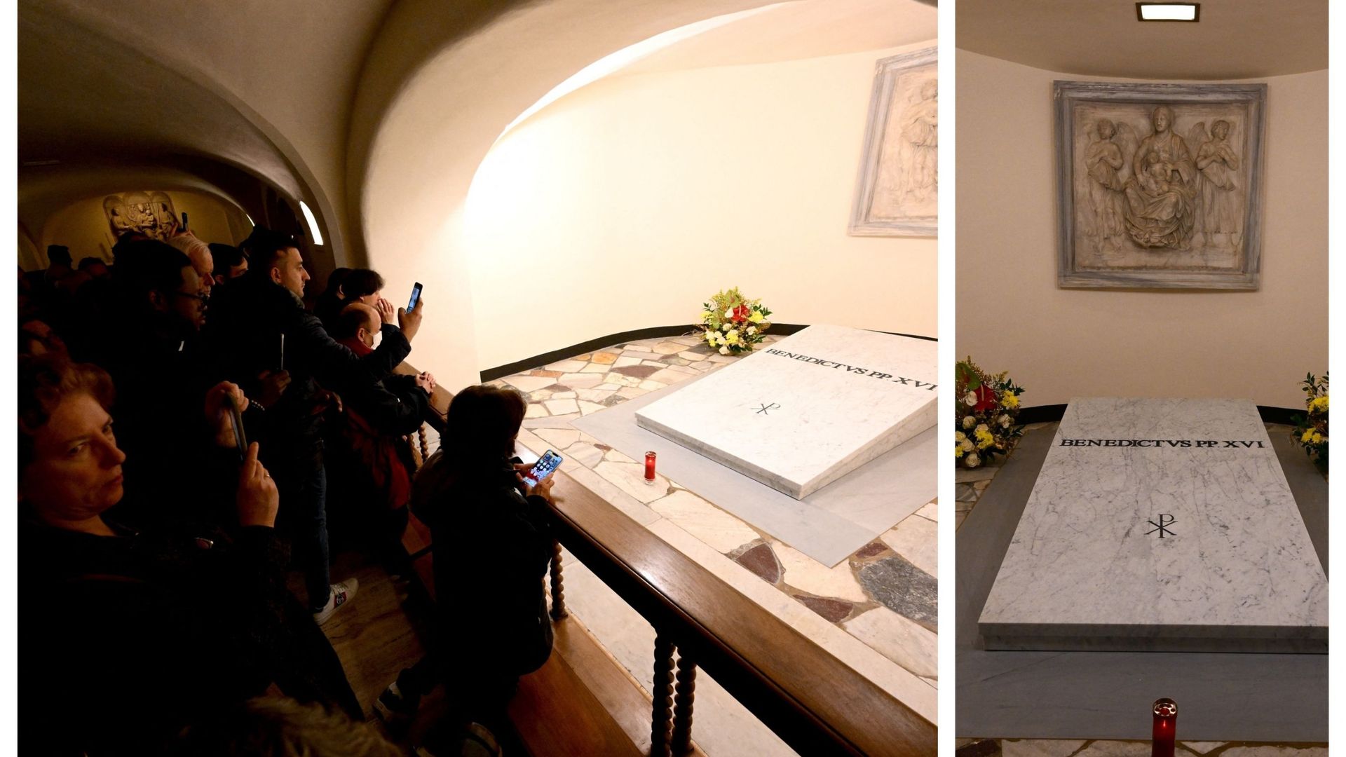 Des personnes se recueillent sur la tombe de feu le pape émérite Benoît XVI dans la basilique Saint-Pierre au Vatican, le 8 janvier 2023.