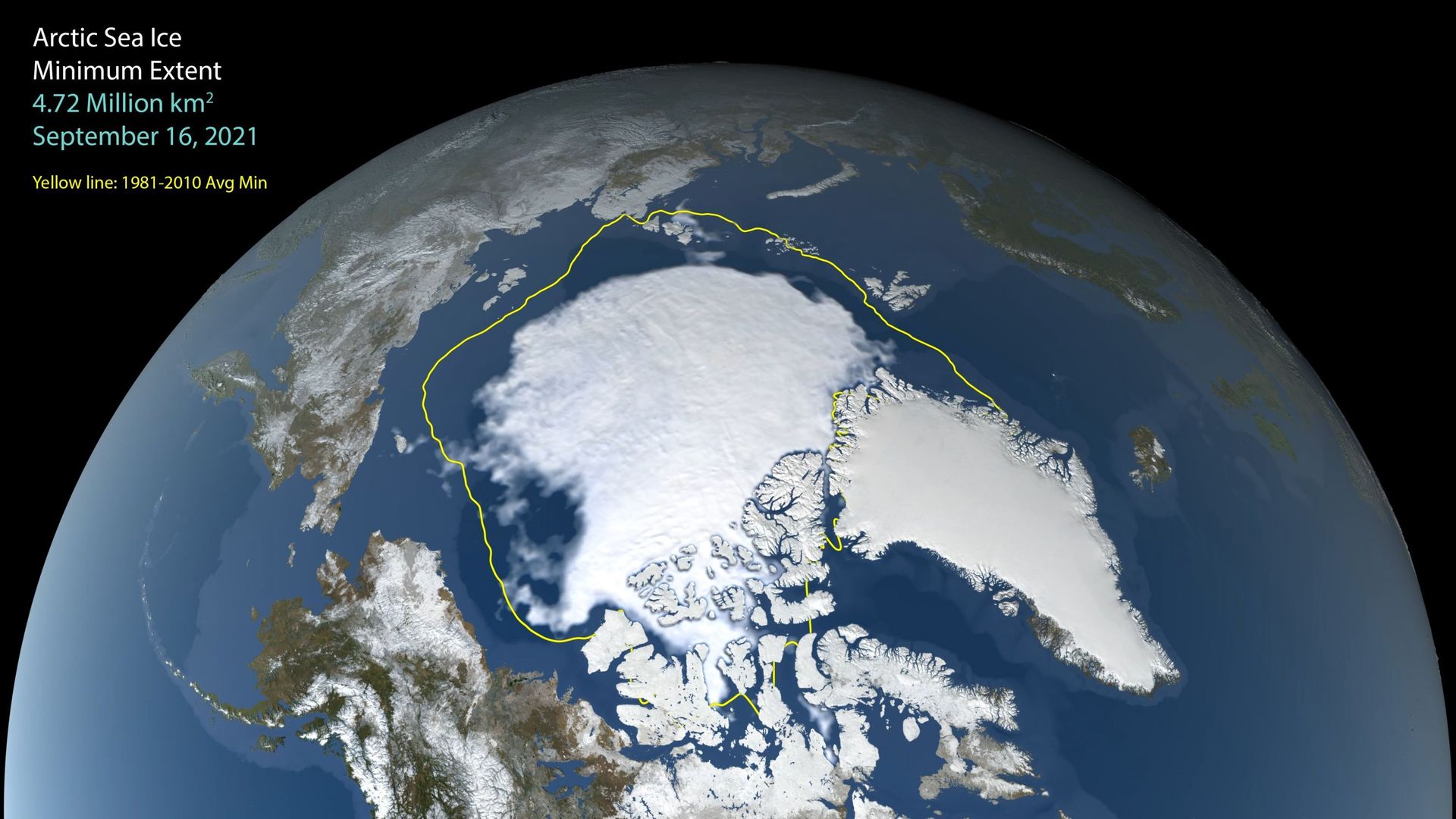 Vue satellite de la taille minimale de glace de mer arctique en 2021, comparée à la surface d’avant 2010 (en jaune).