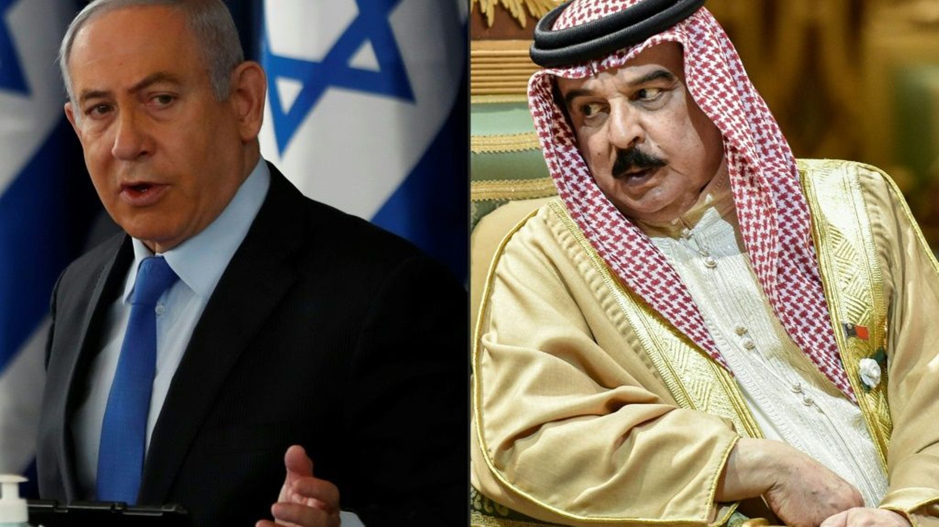 (COMBO) A gauche, le Premier ministre israélien Benjamin Netanyahu à Jésuralem, le roi du Bahreïn Hamad bin Isa Al Khalifa à Riyad en Arabie saoudite, le 10 décembre 2019  