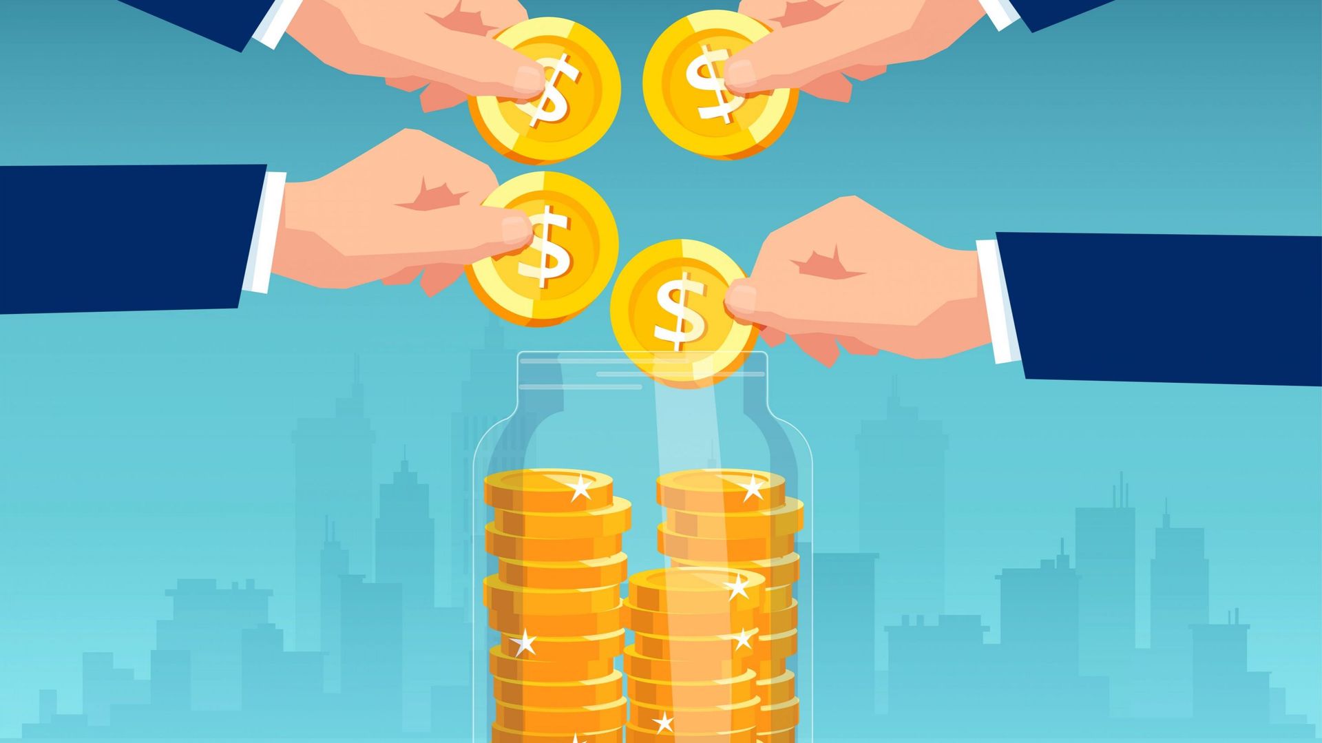 Vector of businesspeople putting dollar coins into a glass jar