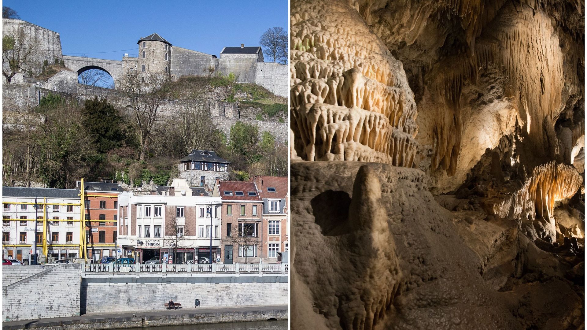 À gauche, la Citadelle de Namur, à droite, les Grottes de Han