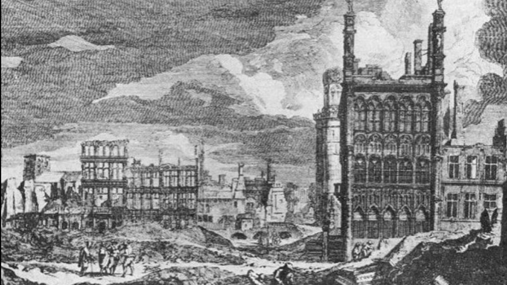 Gravure d'après un dessin de Augustin Coppens représentant la Grand-Place de Bruxelles après le Bombardement de 1695 par les troupes françaises de Louis XIV, détail, de Vue des ruines de la Grand-Place depuis la rue de la Colline, maisons entre la rue de 