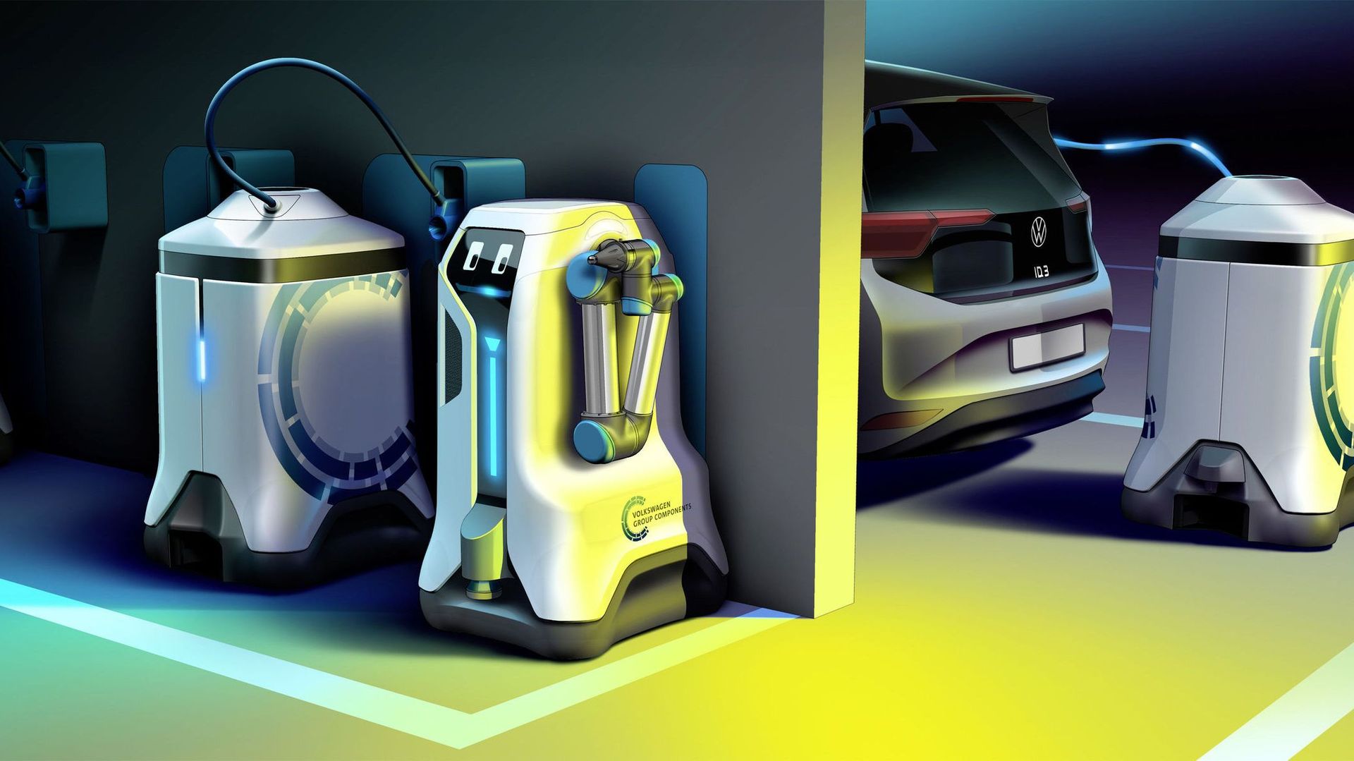 Volkswagen a dévoilé un prototype de robot mobile capable de recharger les voitures électriques.