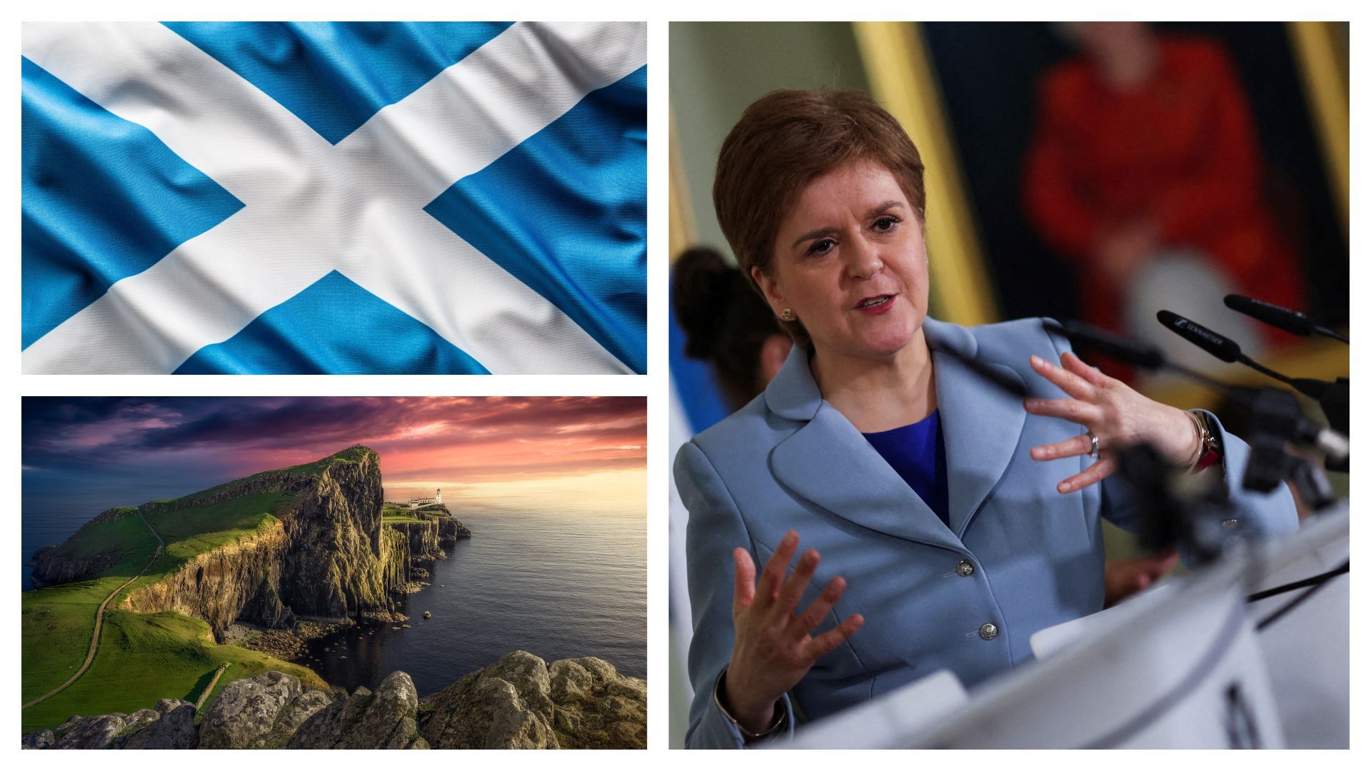 Drapeau écossais et vue de la région britannique, Nicola Sturgeon, la Première ministre ce 14 juin à Edimbourg