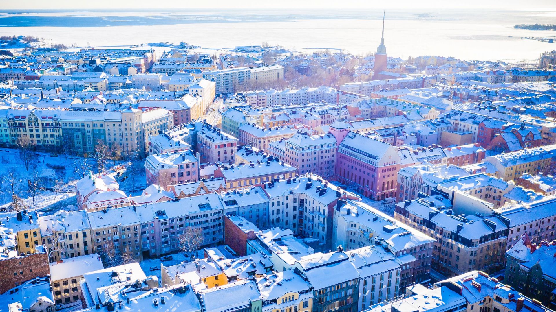 Aerial view over Helsinki on a sunny winter day