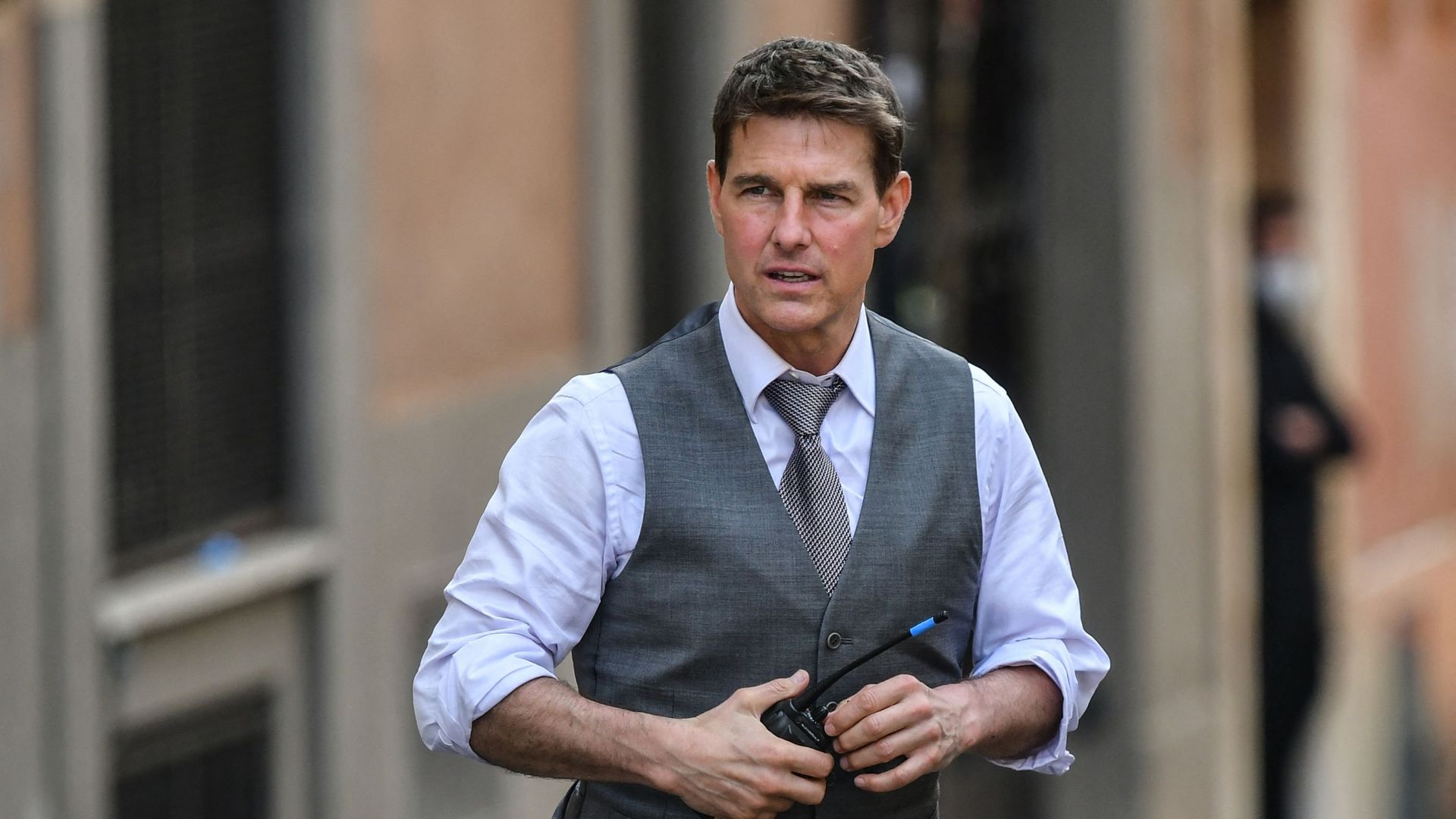 Tom Cruise lors du tournage de Mission Impossible : Lybra, à Rome, en 2020.