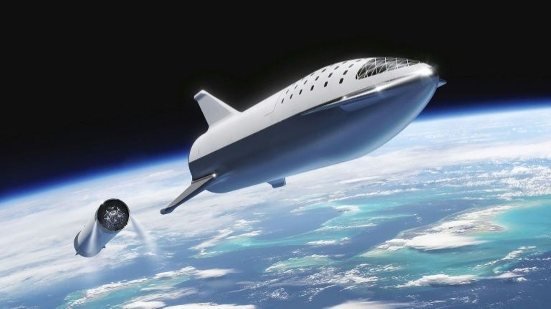 Illustration d'artiste diffusée par SpaceX en novembre 2018 de la fusée Big Falcon. 