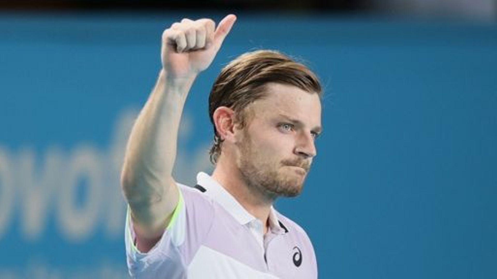 Belgian David Goffin celebrates after winning a tennis match between Belgians Goffin and Coppejans, Wednesday 25 January 2023 in Louvain-la-Neuve, in the first round of the men's singles at the BW Open ATP Challenger tournament.  BELGA PHOTO BENOIT DOPPAG