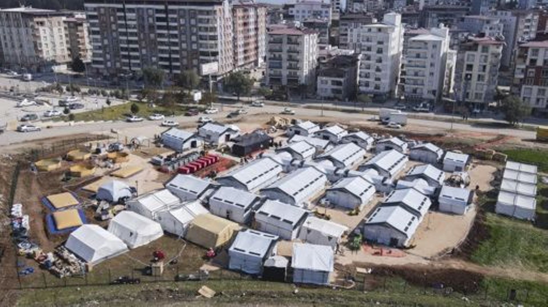 Aerial drone image shows a field hospital in Kirikhan, Turkey, built by Belgian governmental aid organization B-Fast (Belgian First Aid and Support Team), Monday 20 February 2023. B-FAST sent a medical team to offer relief in the region struck by an earth