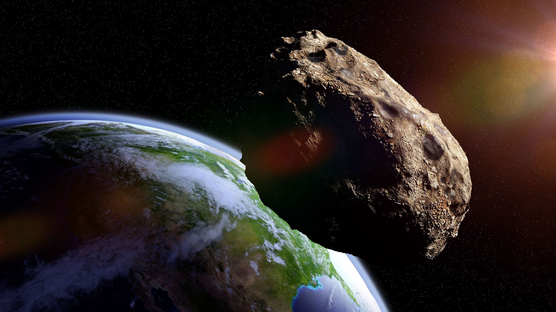 asteroid approaching planet Earth, meteorite in orbit before impact