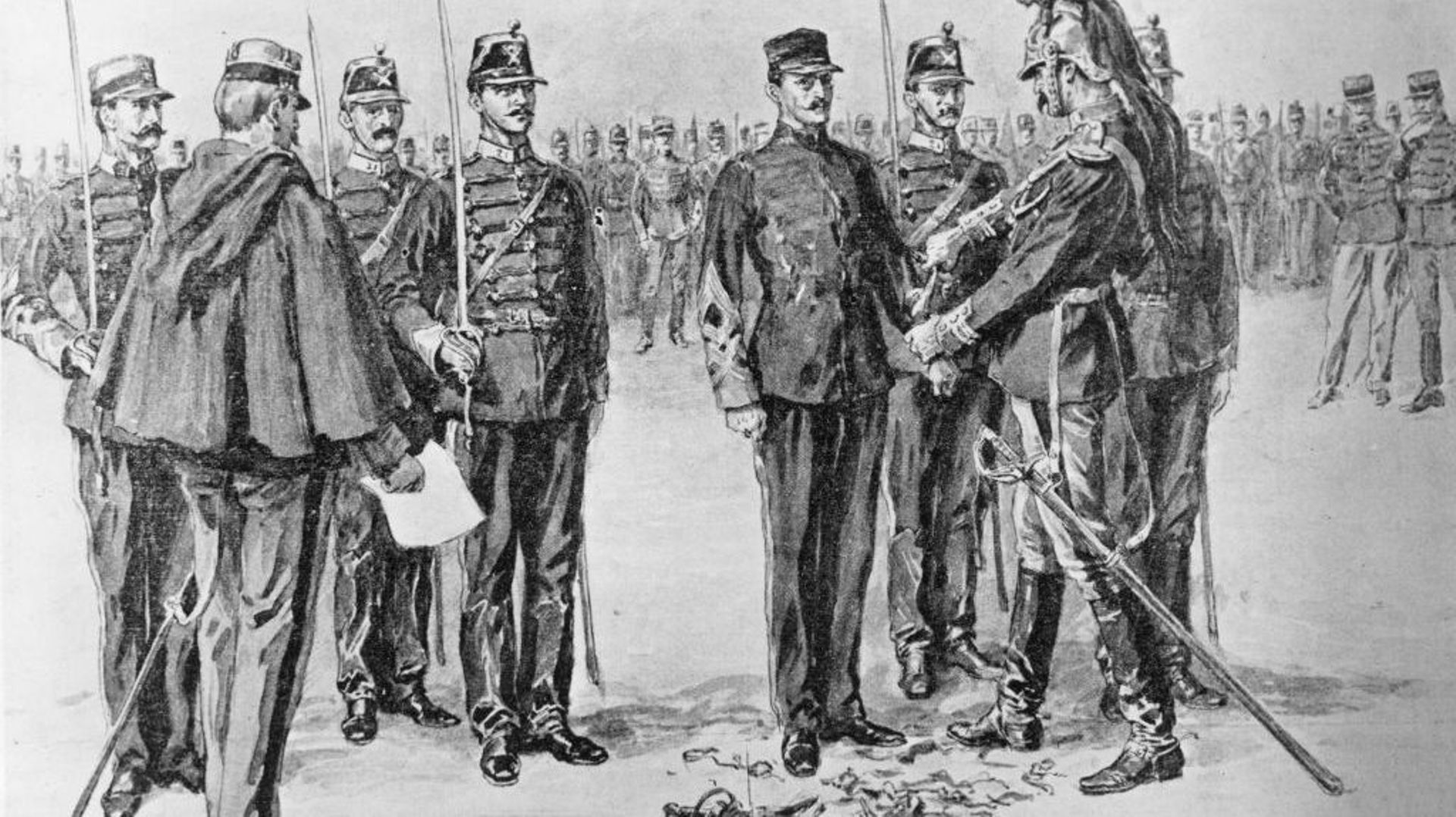 La dégradation de Dreyfus le 5 janvier 1895 après son jugement en cour martiale en 1894.