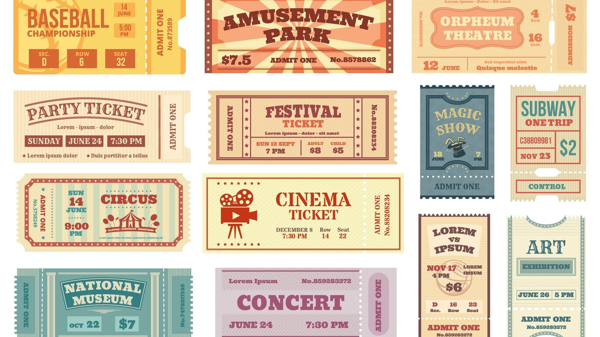Vintage tickets, retro movie, concert, theater ticket. Old paper voucher card, sports event entrance pass, circus admit one coupon vector set