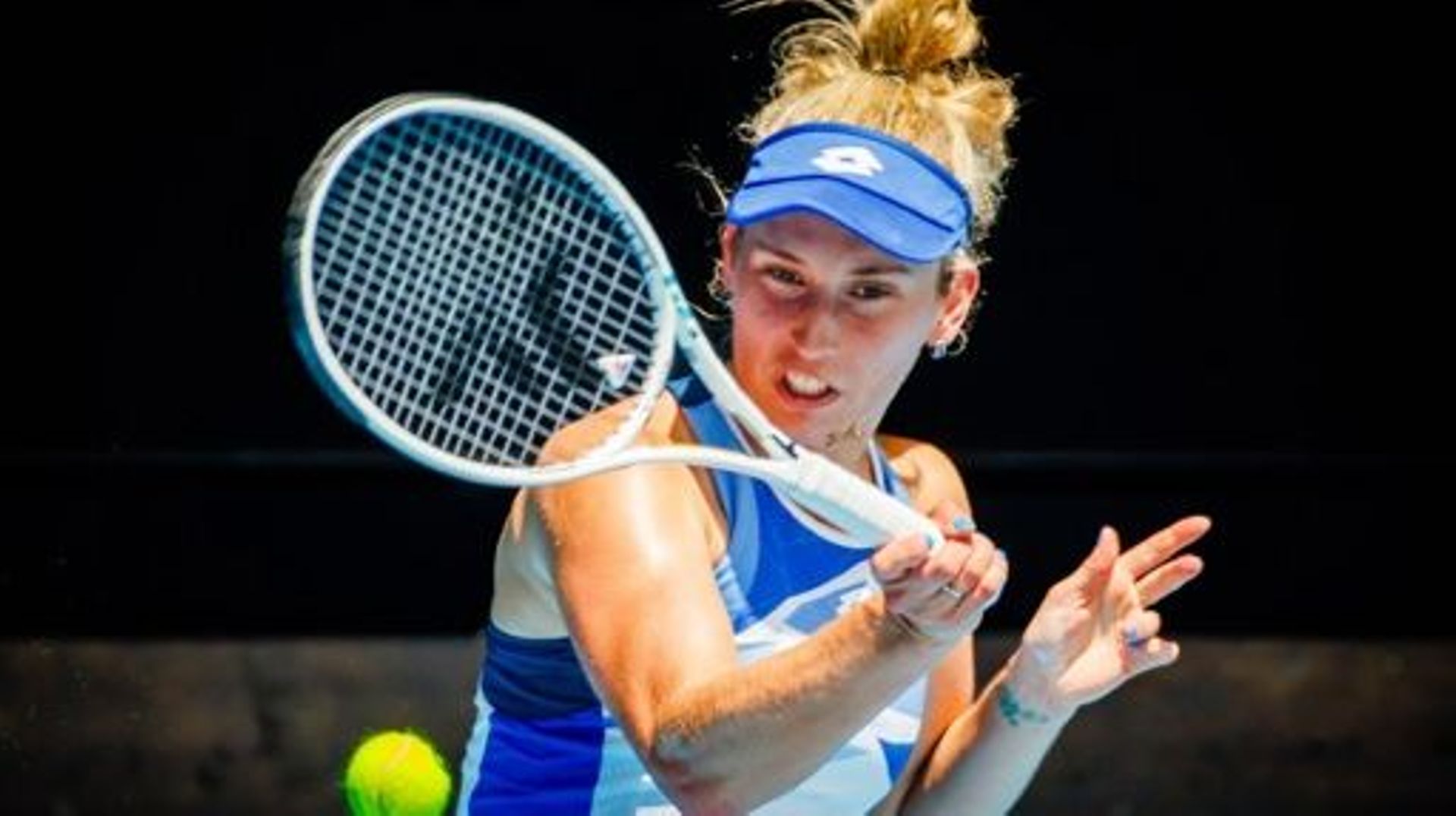 Elise Mertens (WTA 32) pictured in action during a women’s singles first round game between Belgian Mertens (WTA 27) and Spanish Muguruza (WTA 58) at the 'Australian Open' tennis Grand Slam, Tuesday 17 January 2023 in Melbourne Park, Melbourne, Australia.