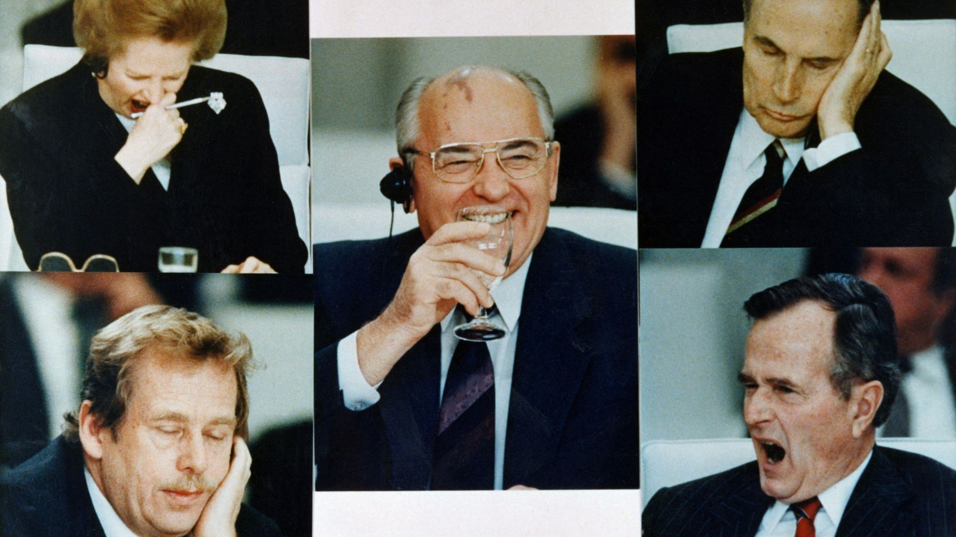 Les principaux acteurs de l’époque : le Premier ministre britannique Margaret Thatcher (g.), le président soviétique Mikhaïl Gorbatchev (c.), le président français François Mitterrand (dr.), le président tchécoslovaque Vaclav Havel (g. en bas) et le prési
