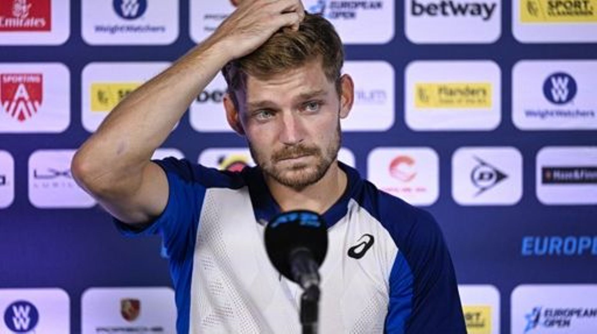 Belgian David Goffin pictured during a press conference after the men's singles first round game between Belgian Bailly and Belgian Goffin at the European Open Tennis ATP tournament, in Antwerp, Tuesday 18 October 2022. BELGA PHOTO LAURIE DIEFFEMBACQ