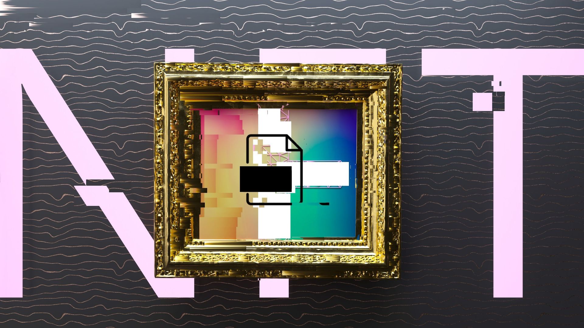 NFT – Image générée numériquement de lettres derrière un cadre doré avec un art numérique.